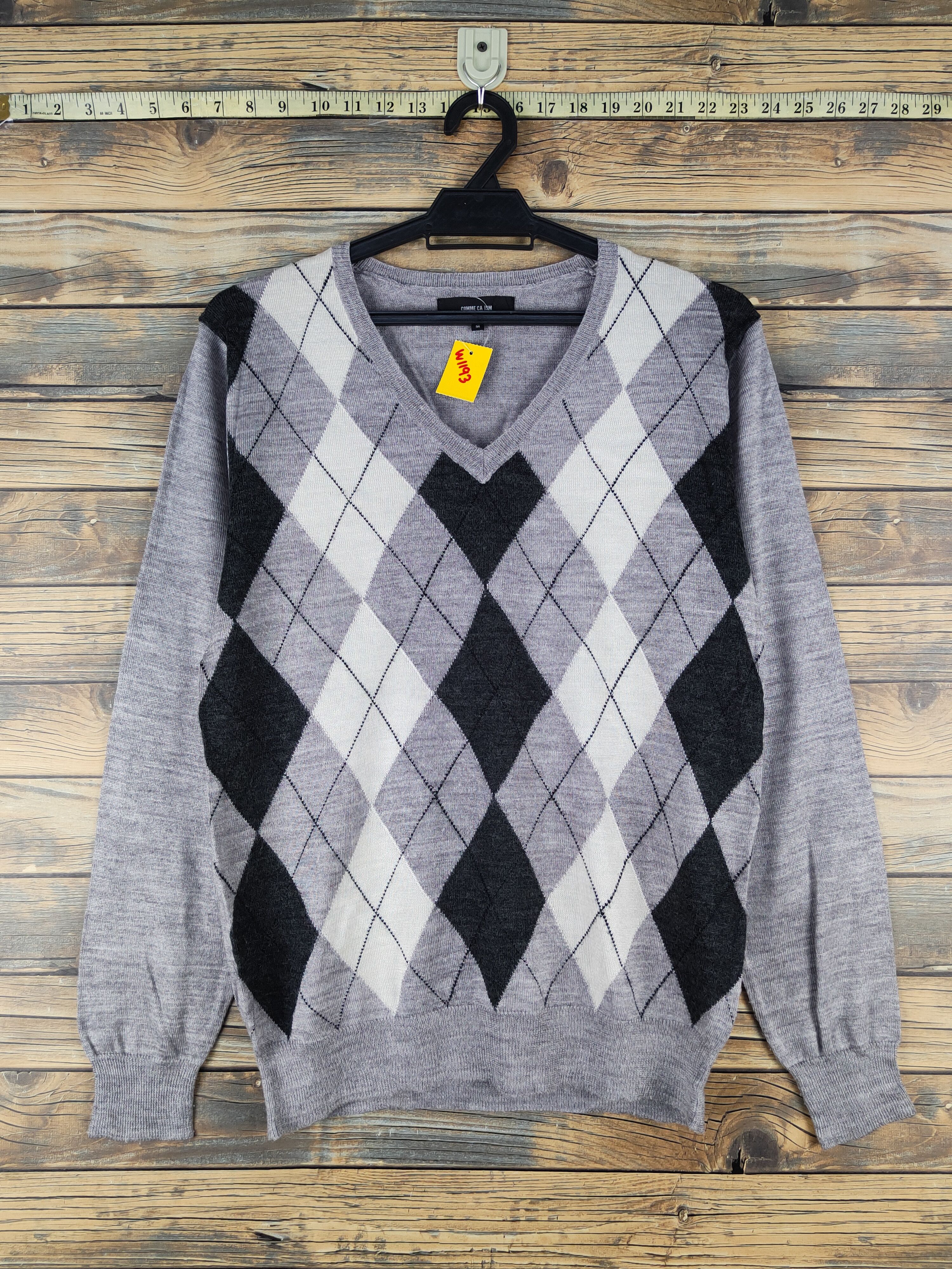 Comme Ca Ism Comme Ca Ism Gray V-Neck Argyle Knitwear Sweatshirts #W1193 Size US M / EU 48-50 / 2 - 1 Thumbnail