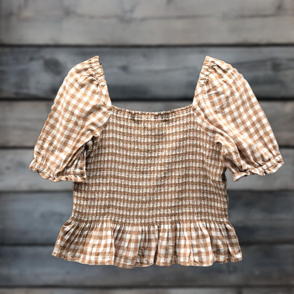 J.Crew VINTAGE J. Crew Flannel Smocked Top Womens S Puff Sleeve Peplum Gingham Tan Cropped Size S / US 4 / IT 40 - 1 Thumbnail