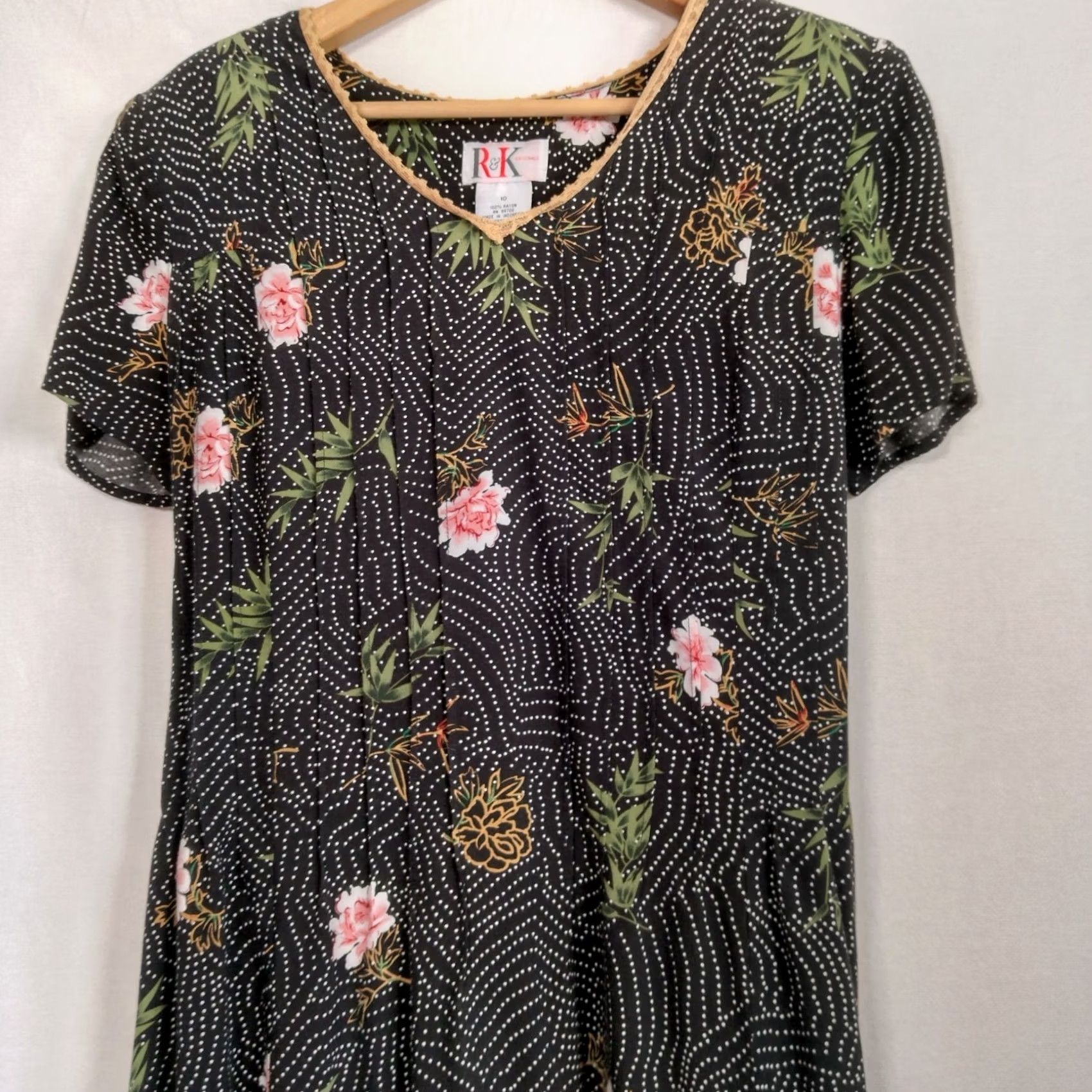 Vintage VINTAGE R&K Originals Dress Maxi Women 1990s Polka Dot Black Pink Floral Rayon 50" Long Size L / US 10 / IT 46 - 2 Thumbnail