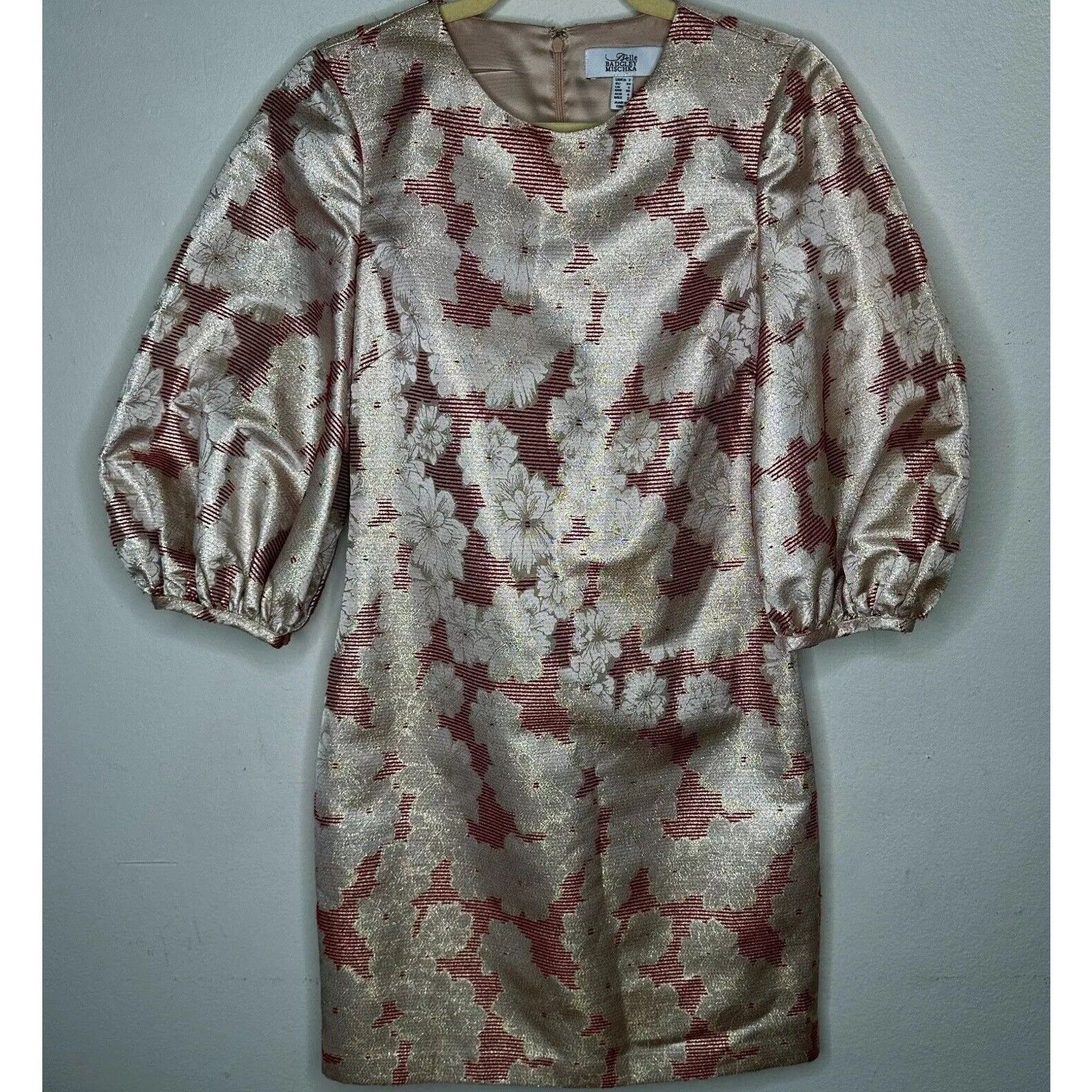 Badgley Mischka Belle Badgley Mischka Red Gold Metallic Stripe Floral Dress Size XS / US 0-2 / IT 36-38 - 1 Thumbnail