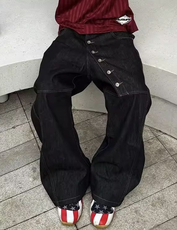 Japanese Brand Curved Long Button Baggy Jean Size US 31 - 2 Thumbnail