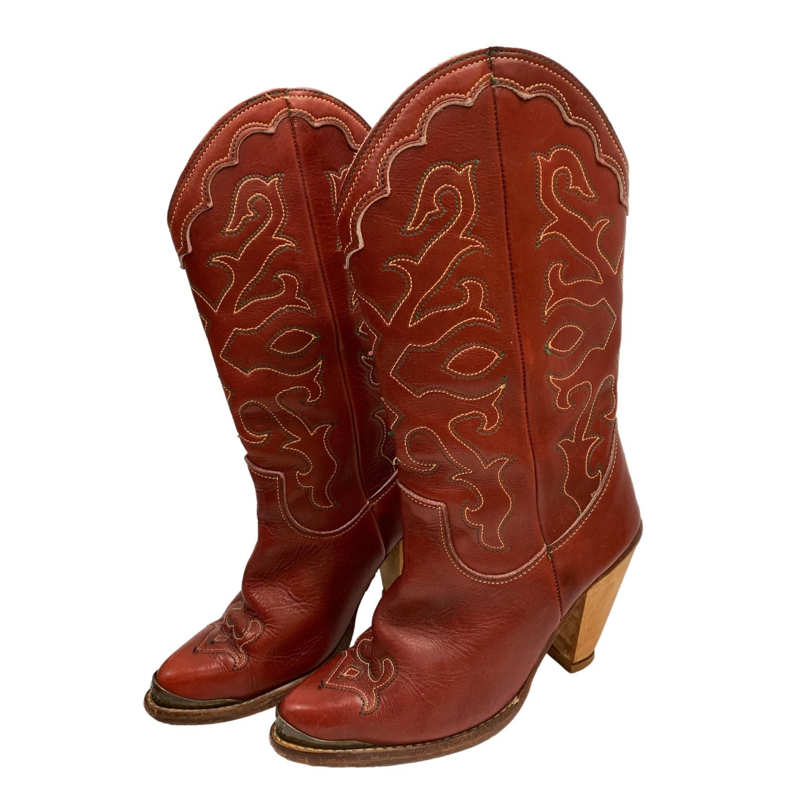 70s Zodiac Oxblood Embroidered Cowboy Boots w Heels 5 M