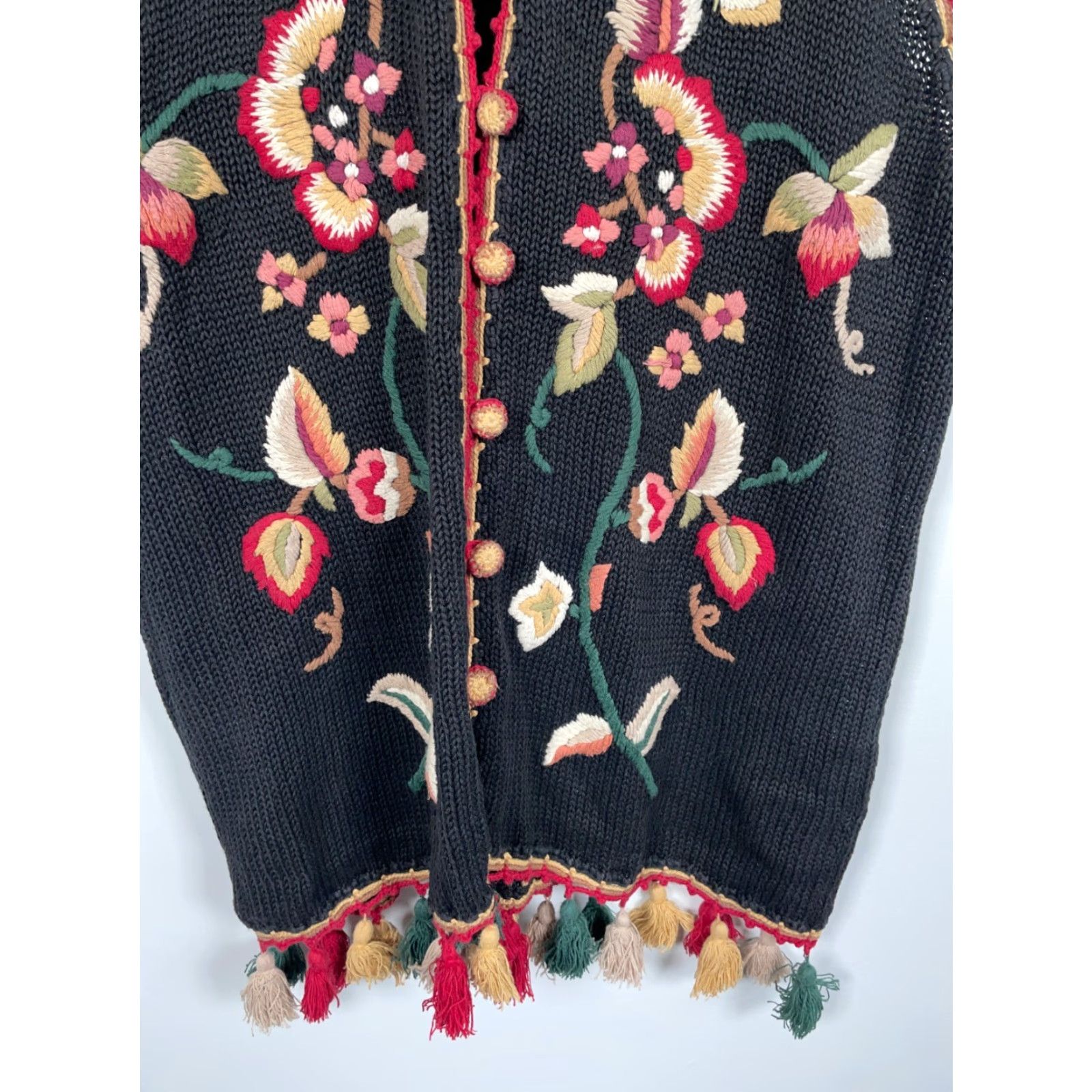 Vintage VINTAGE Jacque & Koko Floral Embroidered Sweater Vest Women's 18 / 20 Black Tassel Fringe Chunky Knit Shirt Womens Plus 90s Flower Retro Knitted Vest Size XXL / US 16-18 / IT 52-54 - 7 Thumbnail