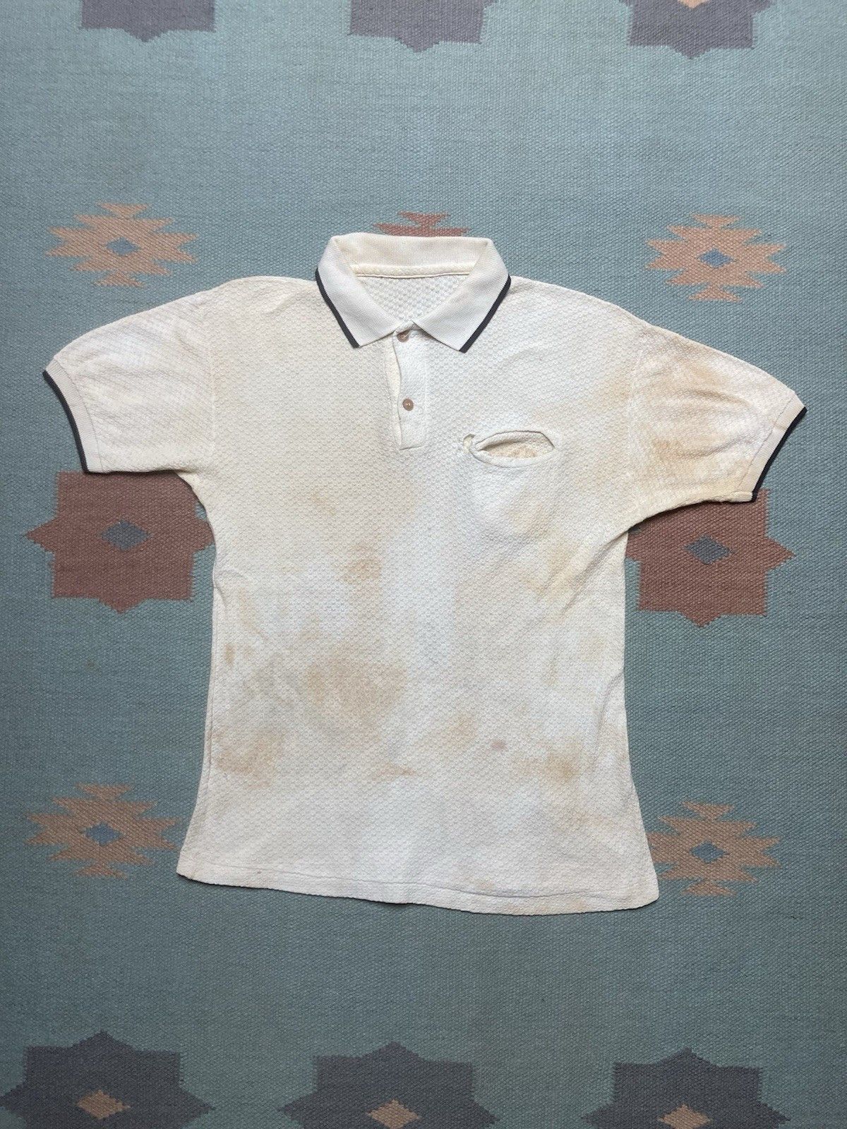 Vintage 1960s polo shirt jacquard waffle knit stained cotton medium Size US M / EU 48-50 / 2 - 1 Thumbnail