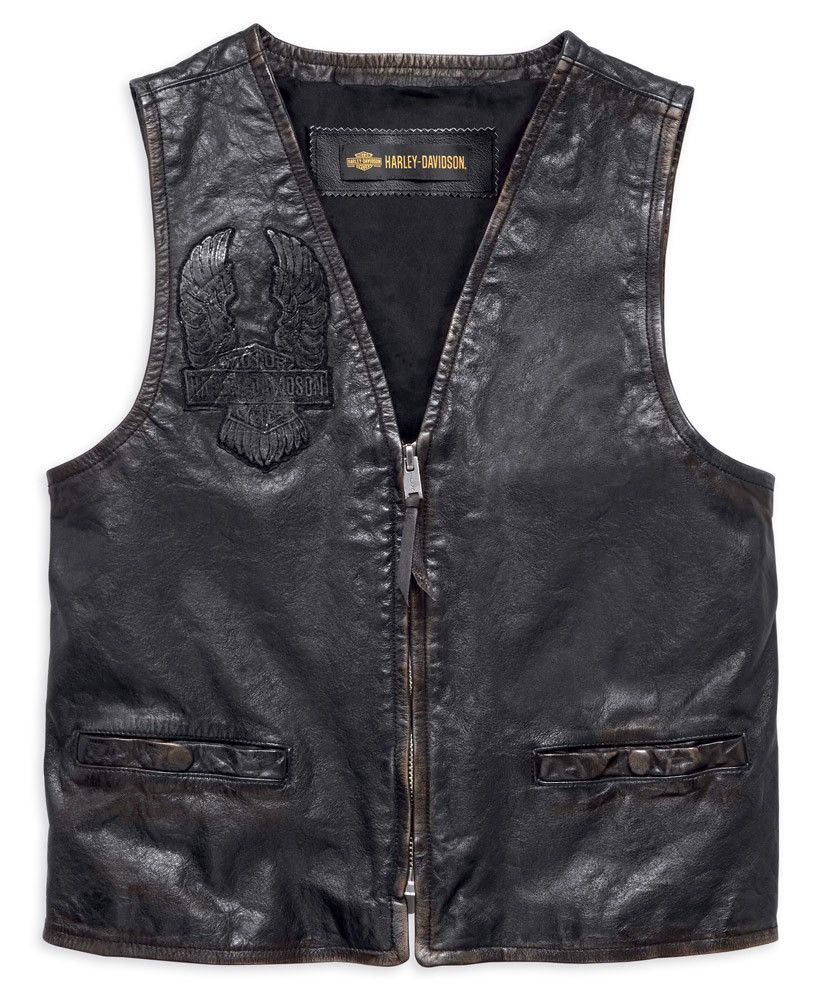 Image of Harley Davidson Harley-Davidson Men's Iron Distressed Slim Fit Leather Vest in Black (Size XL)