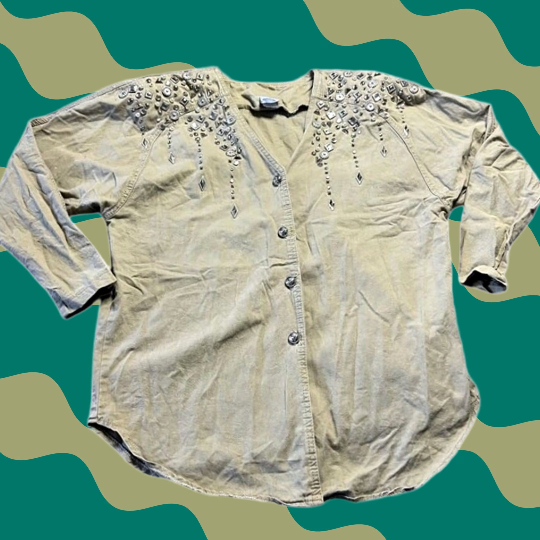 Vintage VINTAGE 90's Y2K Cotton Shirt M Beige Embellished Rhinestone Button Up Size M / US 6-8 / IT 42-44 - 1 Thumbnail