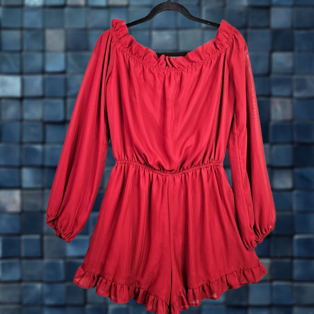 Lulus Lulus Red Ruffle Hem Off the Shoulder Long Sleeve Jumpsuit Women's XL Size XL / US 12-14 / IT 48-50 - 1 Thumbnail