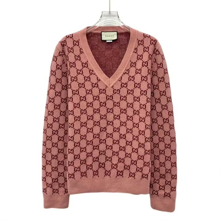 Gucci Gucci Pink Logo Jacquard V-Neck Wool Sweater Size XS / US 0-2 / IT 36-38 - 1 Thumbnail