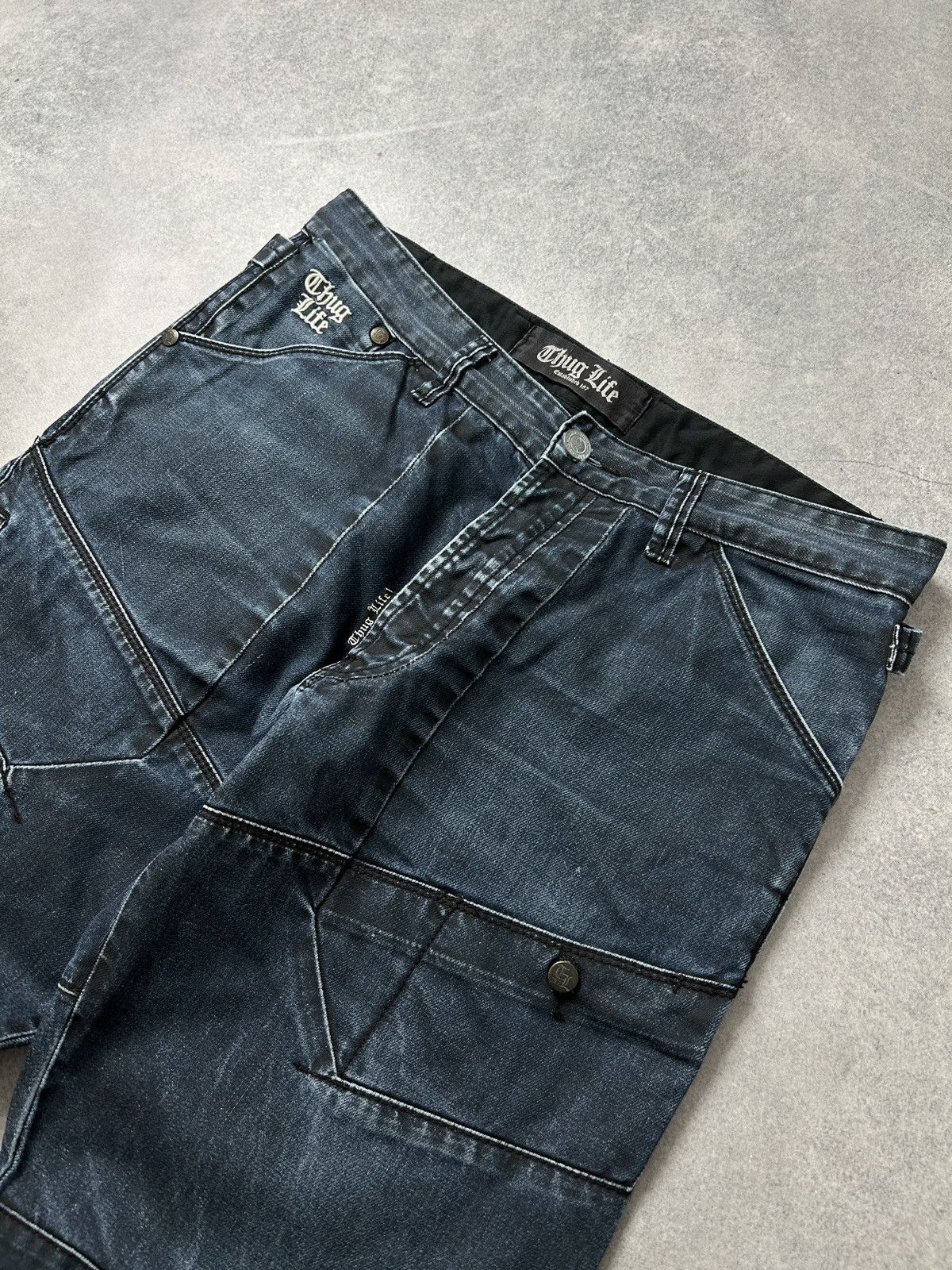 Japanese Brand Vintage Thug Life y2k distressed jeans mens dark blue Size US 34 / EU 50 - 6 Thumbnail
