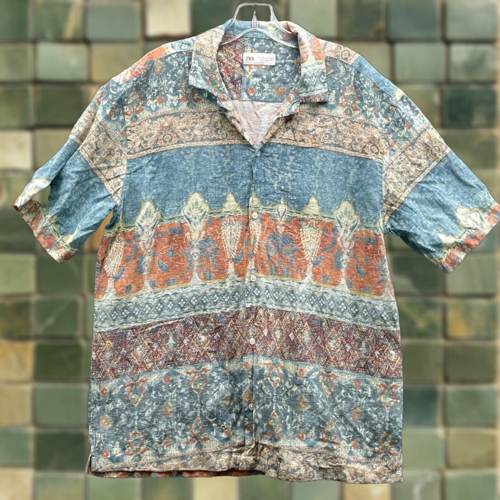 Zara Button-Up Shirt Men's Large Blue Jacquard Paisley Relaxed Casual Cocktail