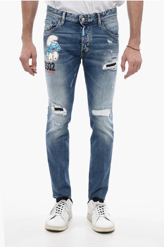 image of Dsquared2 One Life One Planet Distressed The Smurfs Denims With Patche in Blue, Men's (Size 30)