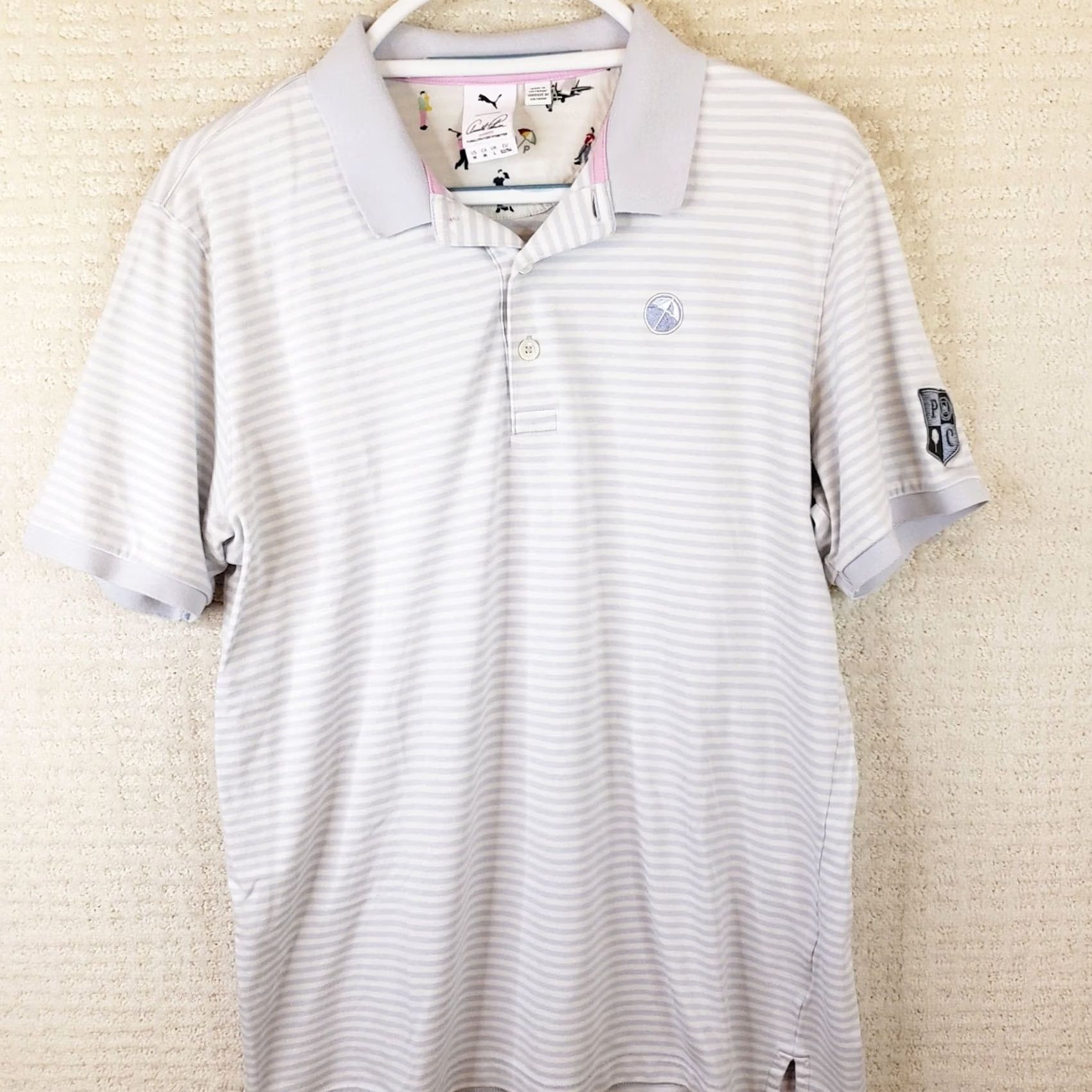 Puma Puma Arnold Palmer Calab Men's Polo Shirt Gray Stripe Knit Cotton Blend Short Sleeve Pullover Regular Fit Casual Golf Size US M / EU 48-50 / 2 - 2 Thumbnail