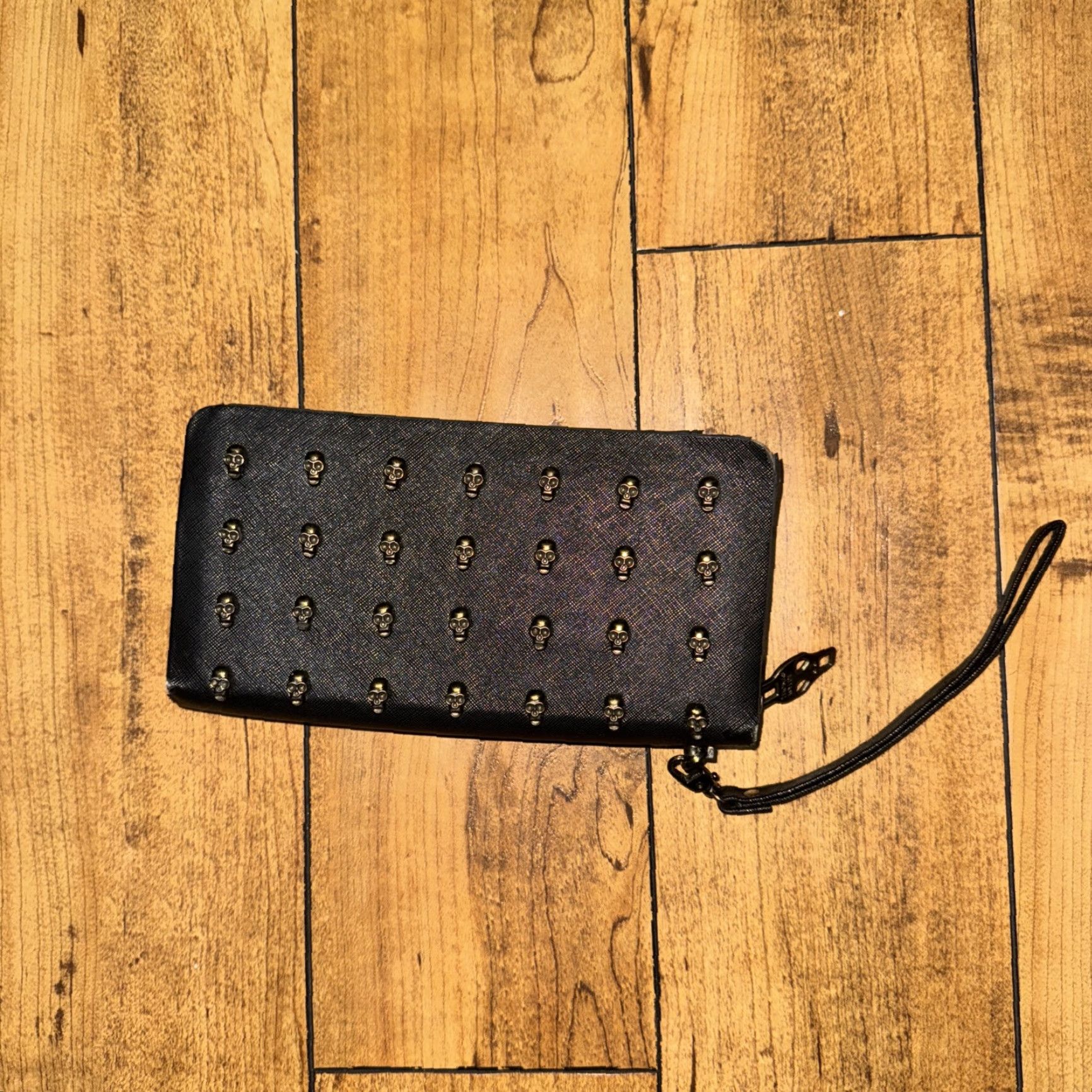 Vintage Thomas Wylde Womens Clutch Bag Medium Gray Aged Black Leather Skull Embellished Flap Geometric Pattern Handbag Size ONE SIZE - 2 Thumbnail