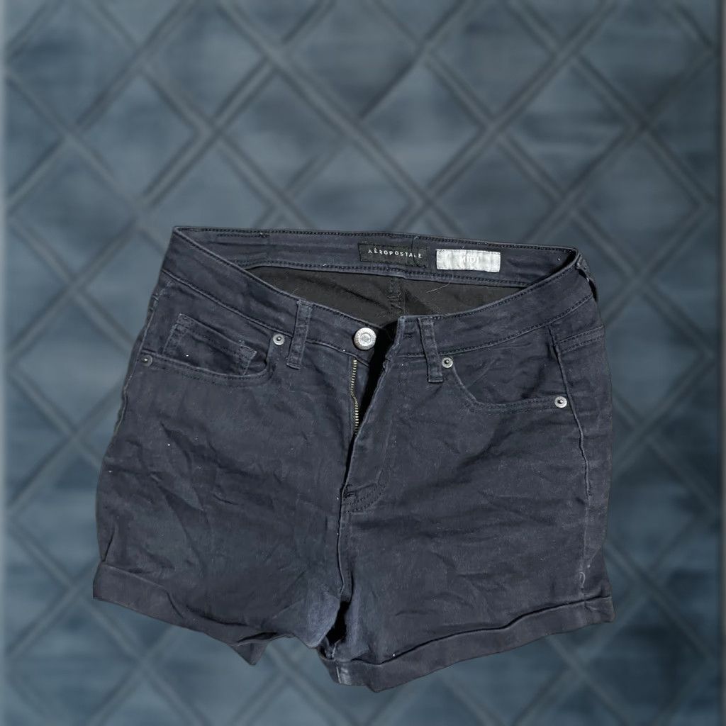 Vintage Aéropostale Shorts Size 4 High Waisted Midi Black Cuffed Denim Stretch Denim Shorts Womens Casual 5-Pocket Logo Embroidered Blue Black Vintage: No Size 27" / US 4 / IT 40 - 1 Thumbnail