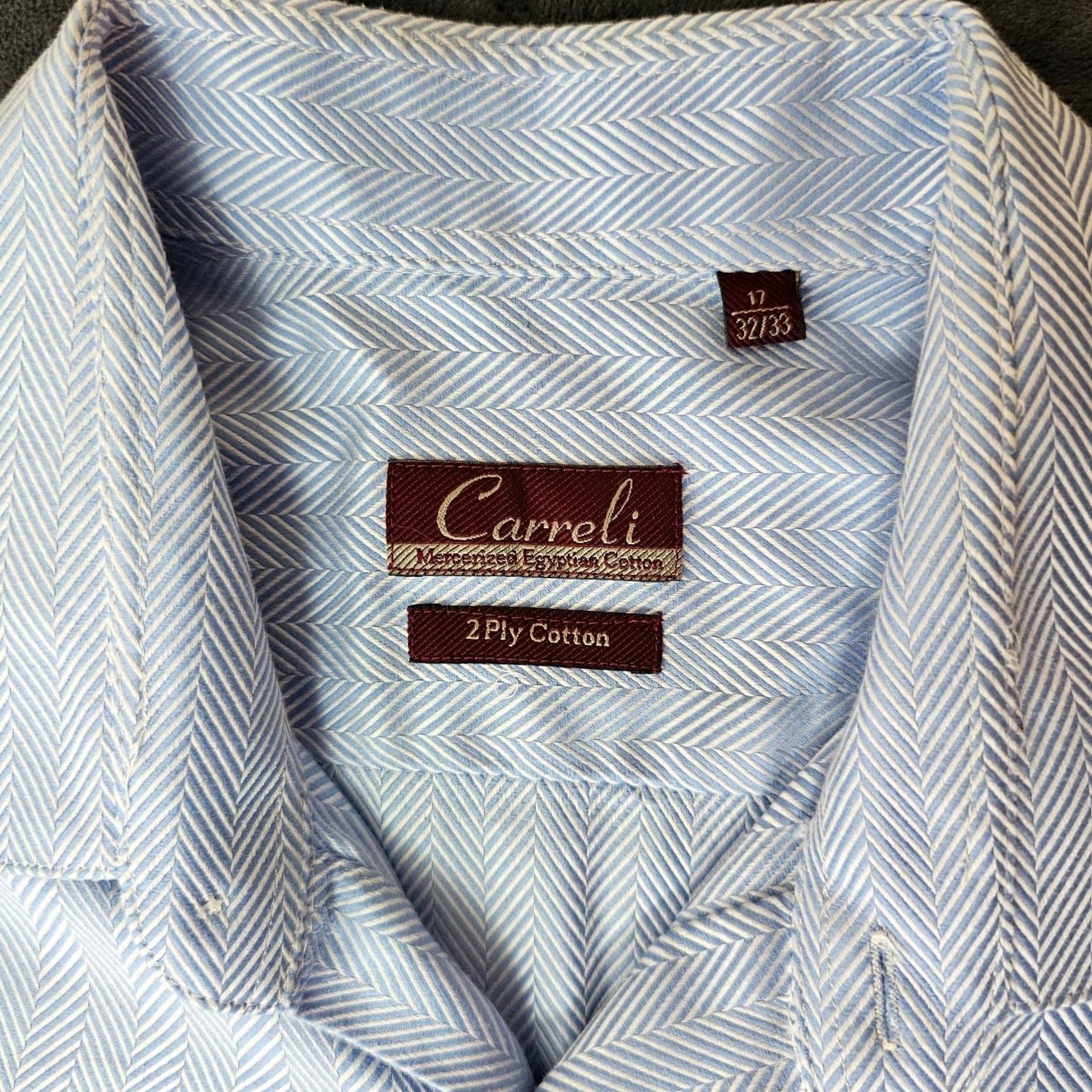 Vintage Carreli Dress Shirt 17 Blue Egyptian Cotton Button French Cuff Windsor White Collar Business Shirt Mens Size 46R - 2 Thumbnail