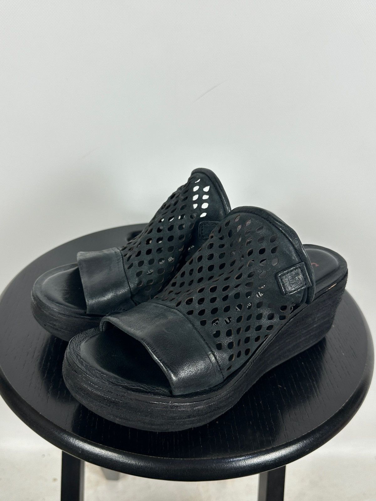 A.S.98 A.S.98 Black Perforated Leather Platform Slide Mules Sandals Size US 7 / IT 37 - 9 Thumbnail