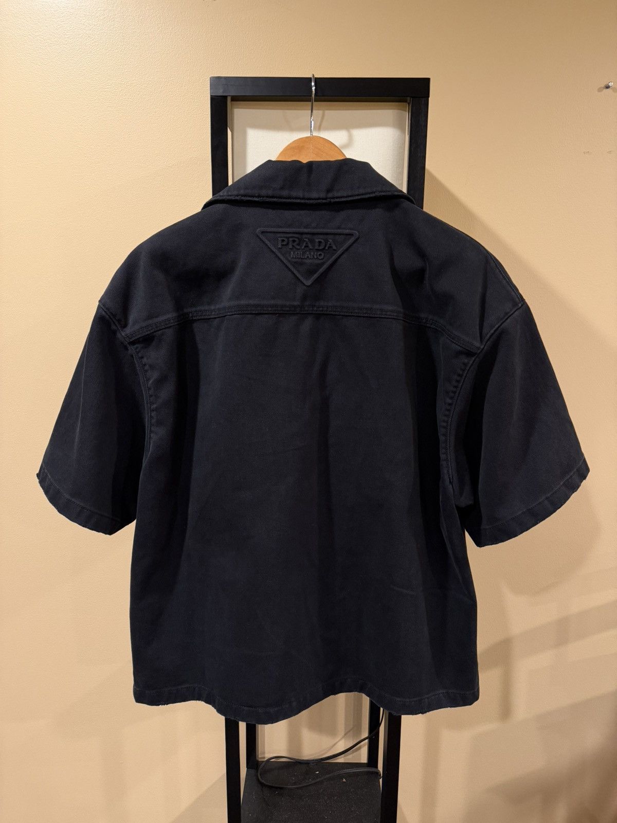 Prada Prada Black Denim Distressed Back Logo Button Bowling Shirt Size US M / EU 48-50 / 2 - 1 Thumbnail
