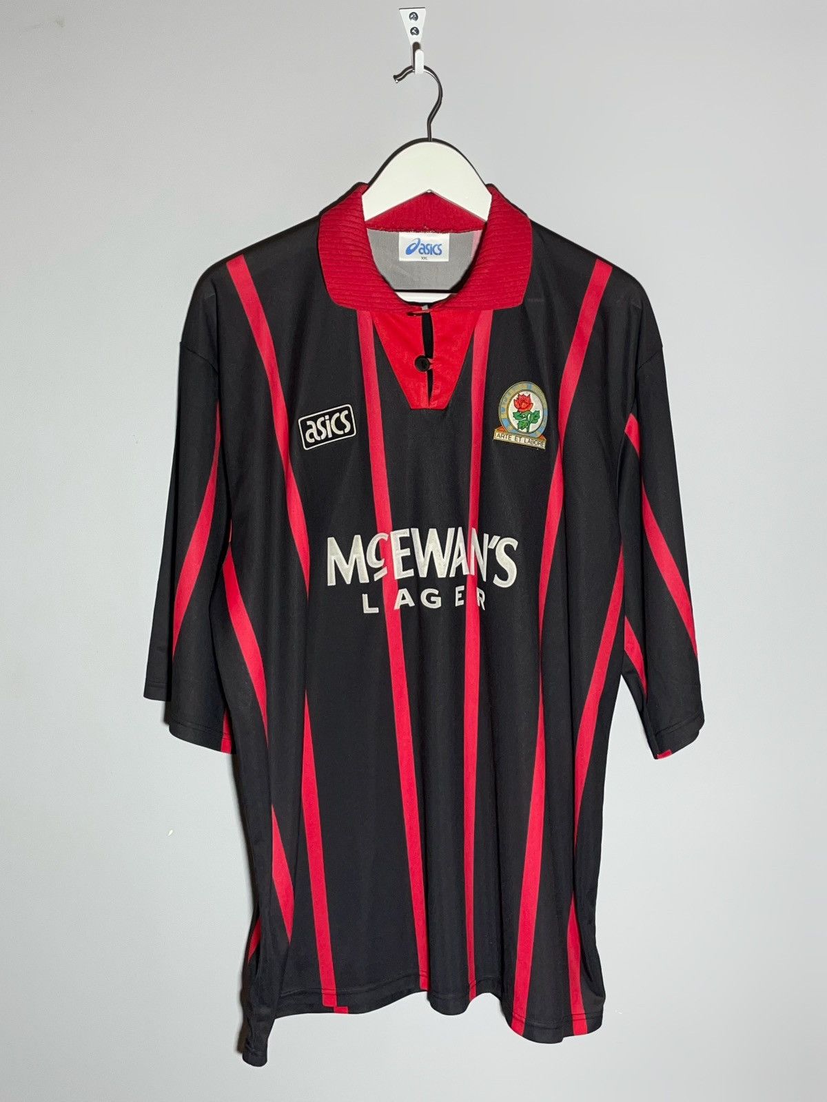 image of Blackburn Rovers Asics 1994/95 Away Vintage Football Shirt in Black Red, Men's (Size 2XL)