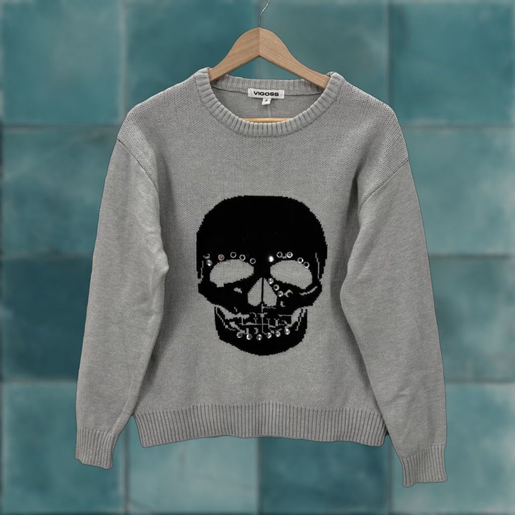 Vintage VIGOSS Sweater Womens Small Gray Skull Rhinestone Crewneck Knit Pullover Goth Size S / US 4 / IT 40 - 1 Thumbnail