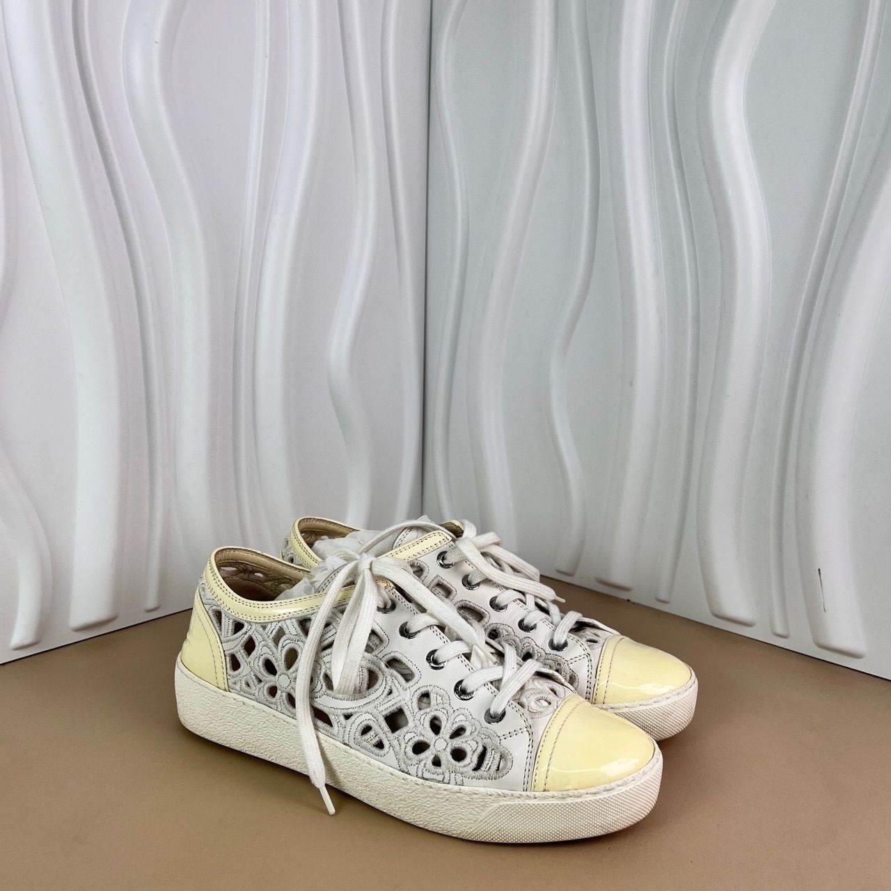 Chanel Chanel White Patent Leather Cutout Sneakers With Double C Lo Size US 7 / IT 37 - 8 Thumbnail