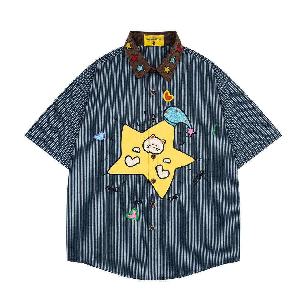 Japanese Brand Men's hip-hop star embroidered striped short-sleeved shirt Size US M / EU 48-50 / 2 - 1 Thumbnail