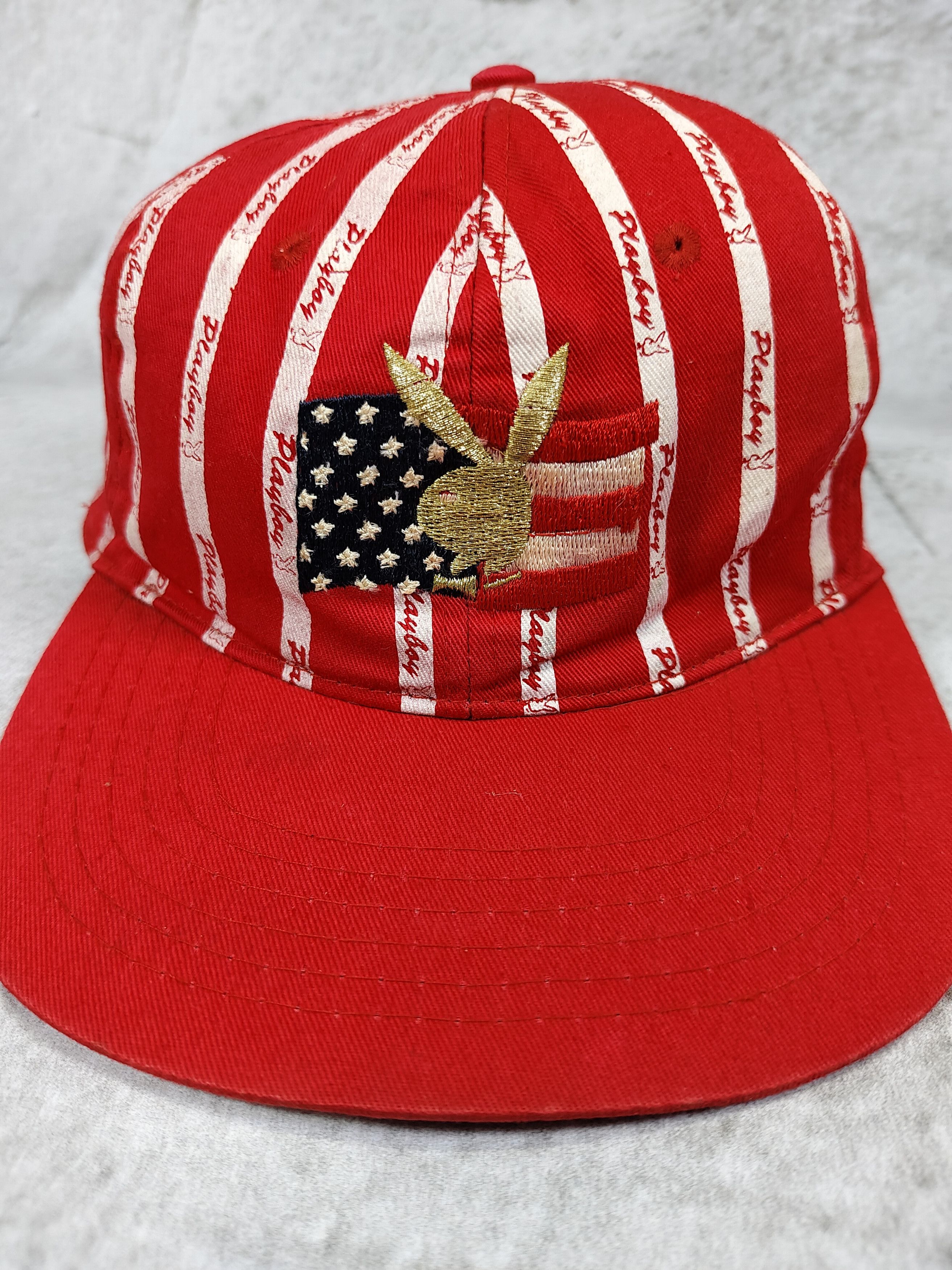 Playboy 2000s Playboy- Embroidered Bunny USA Flag Logo Stripe Cap Size ONE SIZE - 2 Thumbnail
