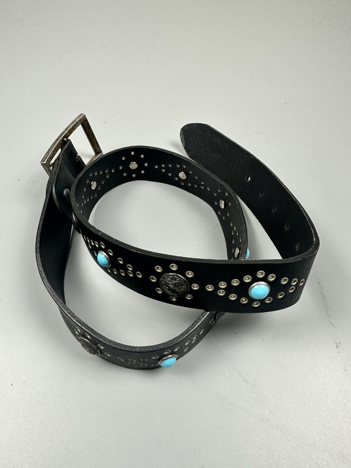 Handmade HTC Inspired Black Leather Stud and Turquoise Stone Belts Size 34 - 3 Thumbnail
