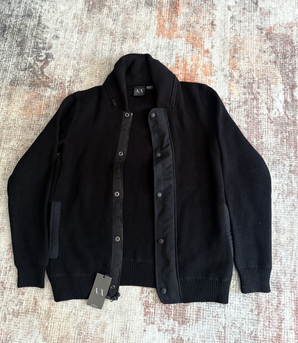 Armani Exchange Black Knitted Button Up Bomber Jacket Mem
