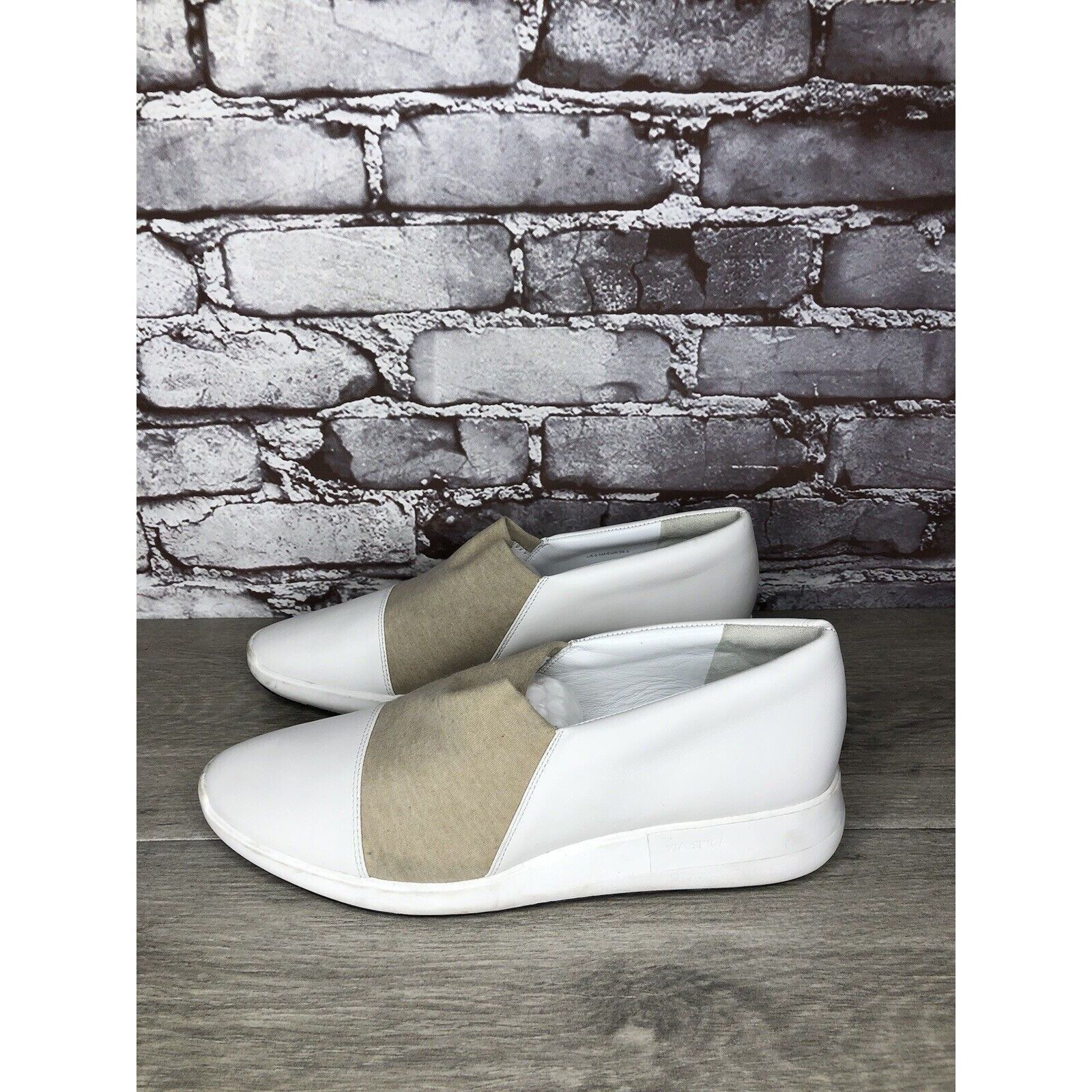 Other Via Spiga White Leather Beige Fabric Slip On Sneakers Women’ Size US 9.5 / IT 39.5 - 15 Thumbnail