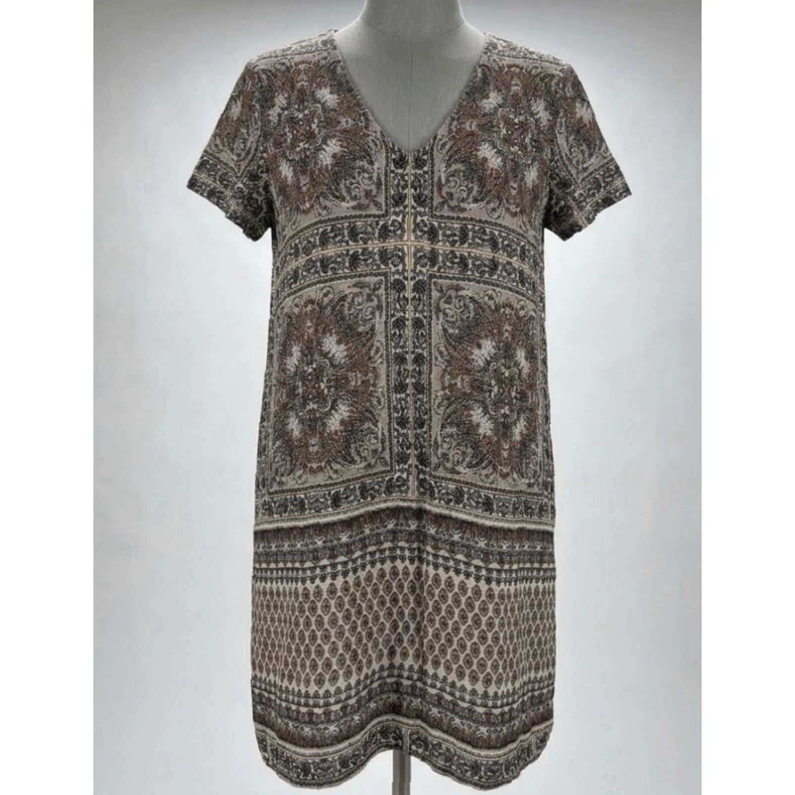 Pinko Hinge Dress Shift Knee Length Short Sleeve Braown Yellow Pink Paisley Bohemian V-Neck Pullover Lightweight Ladies S Regular Size 28" / US 6 / IT 42 - 2 Thumbnail