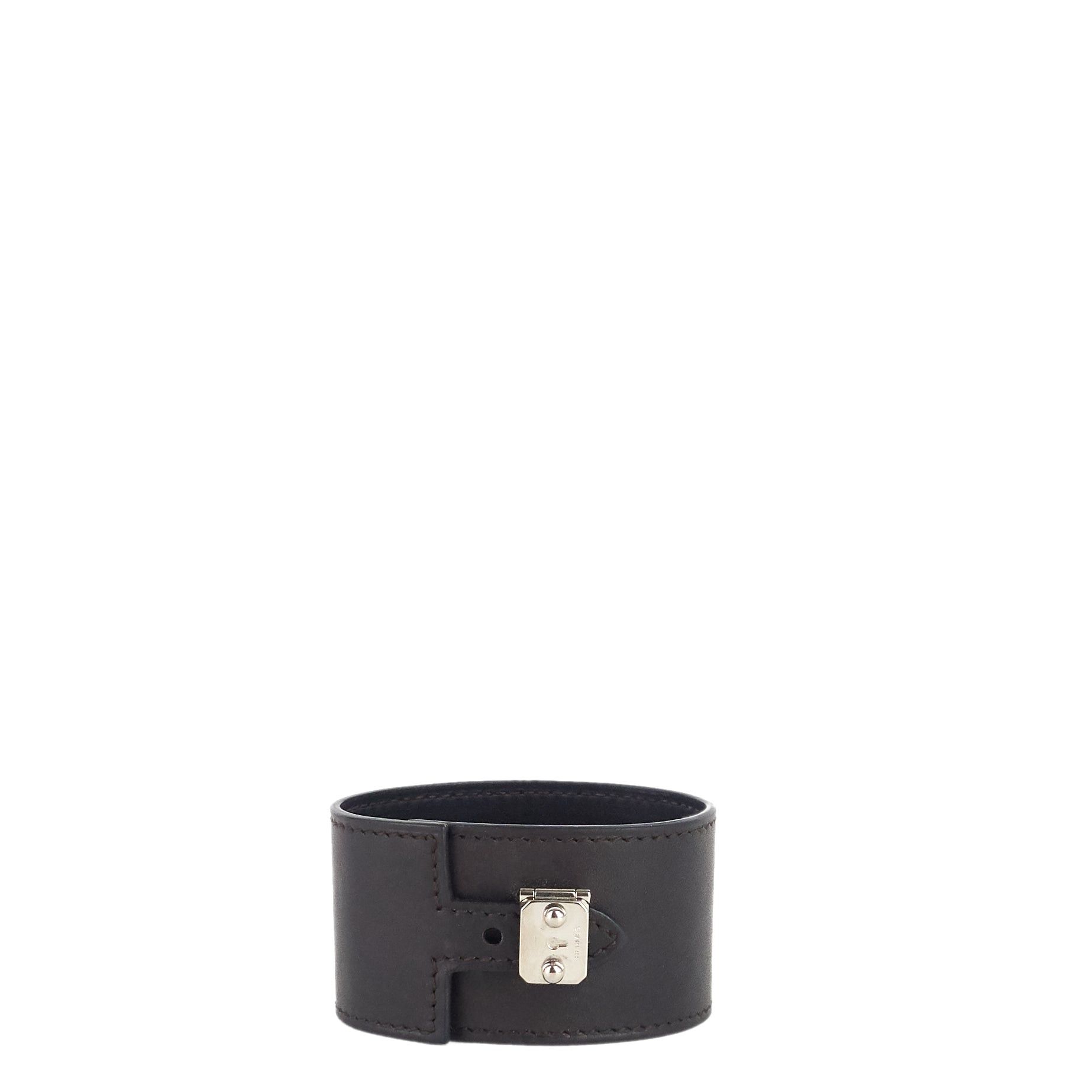 image of Hermes Chamonix Vegas Lock Wide Cuff Leather Bracelet in Black, Women's