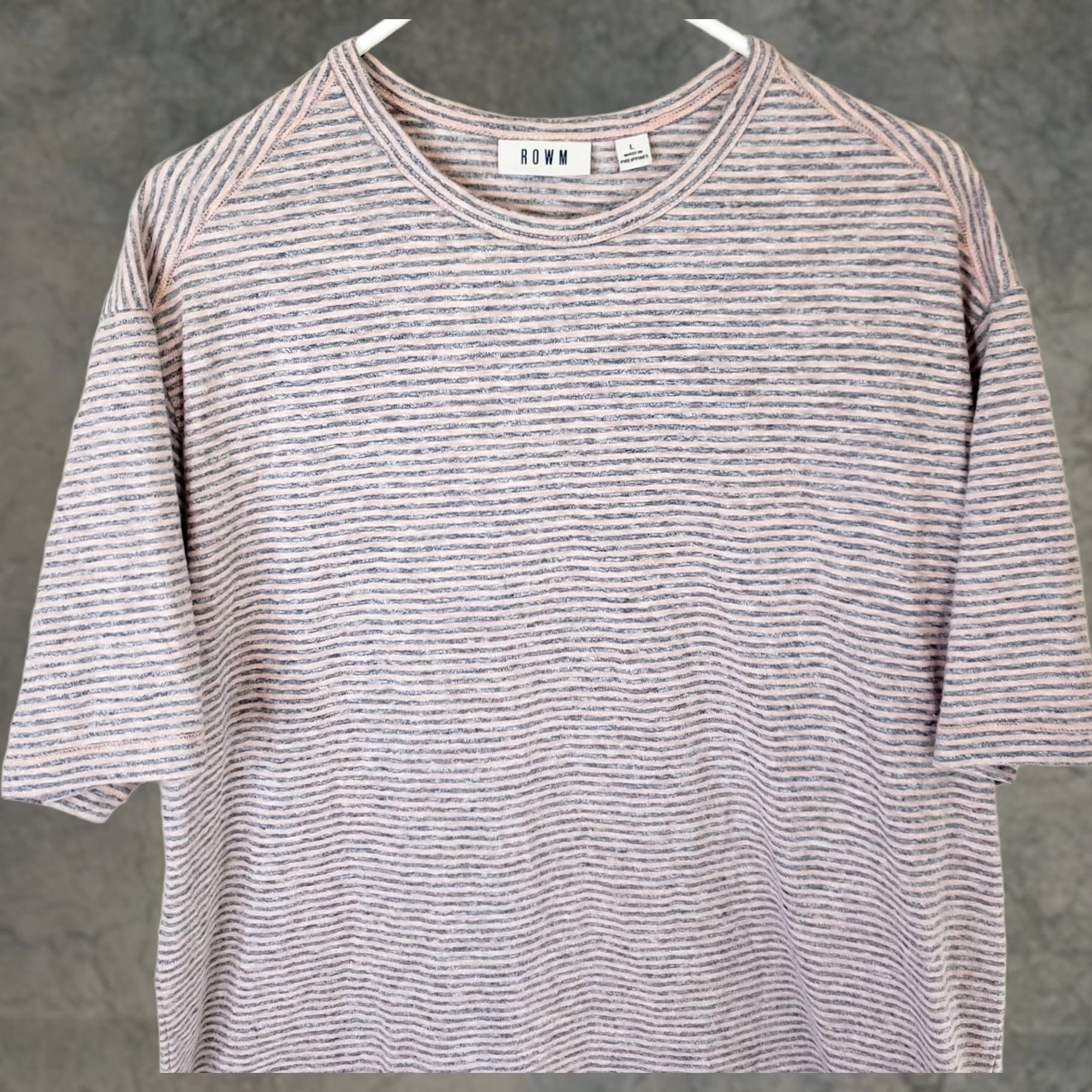 Vintage ROWM Shirt Men L Gray Peach Striped Crew Neck Short Sleeve Cotton Knit T-Shirt, Regular, All Seasons, Easy Care, Rowm Labels & Logos Size US L / EU 52-54 / 3 - 1 Thumbnail