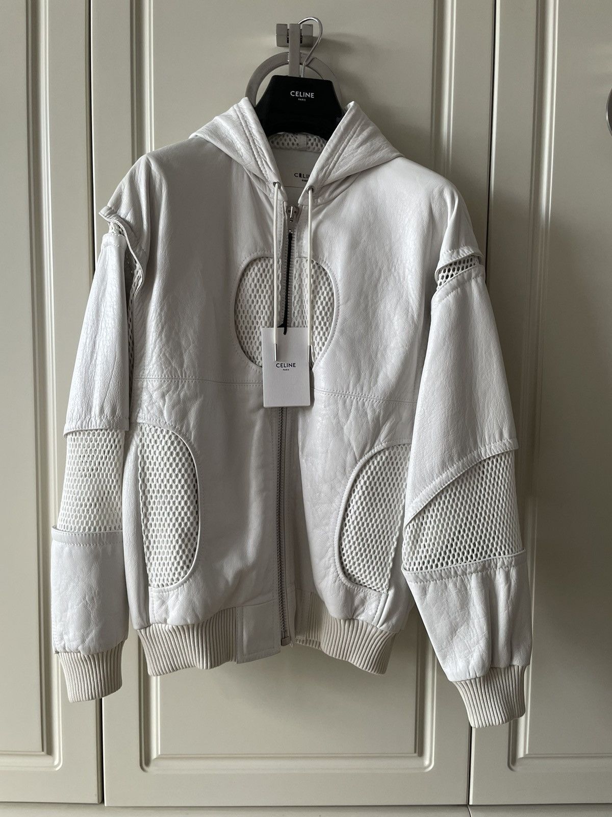 Celine × Hedi Slimane SS22 White Hooded Leather Bomber Mesh Panneling Size US S / EU 44-46 / 1 - 2 Thumbnail