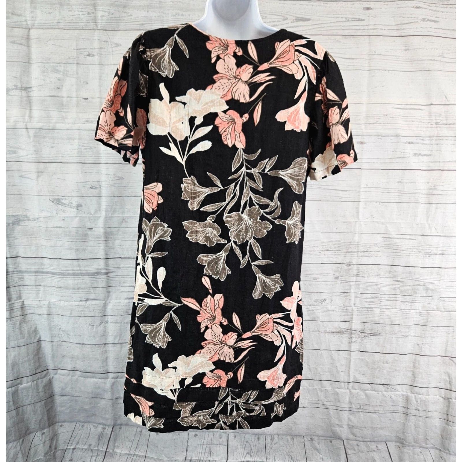 Nicole Miller Nicole Miller Womens Dress L Black Floral Short Sleeve Linen Viscose Short Sleeve Shift 35" Length 21" Width Women Size 36" / US 14 / IT 50 - 4 Thumbnail