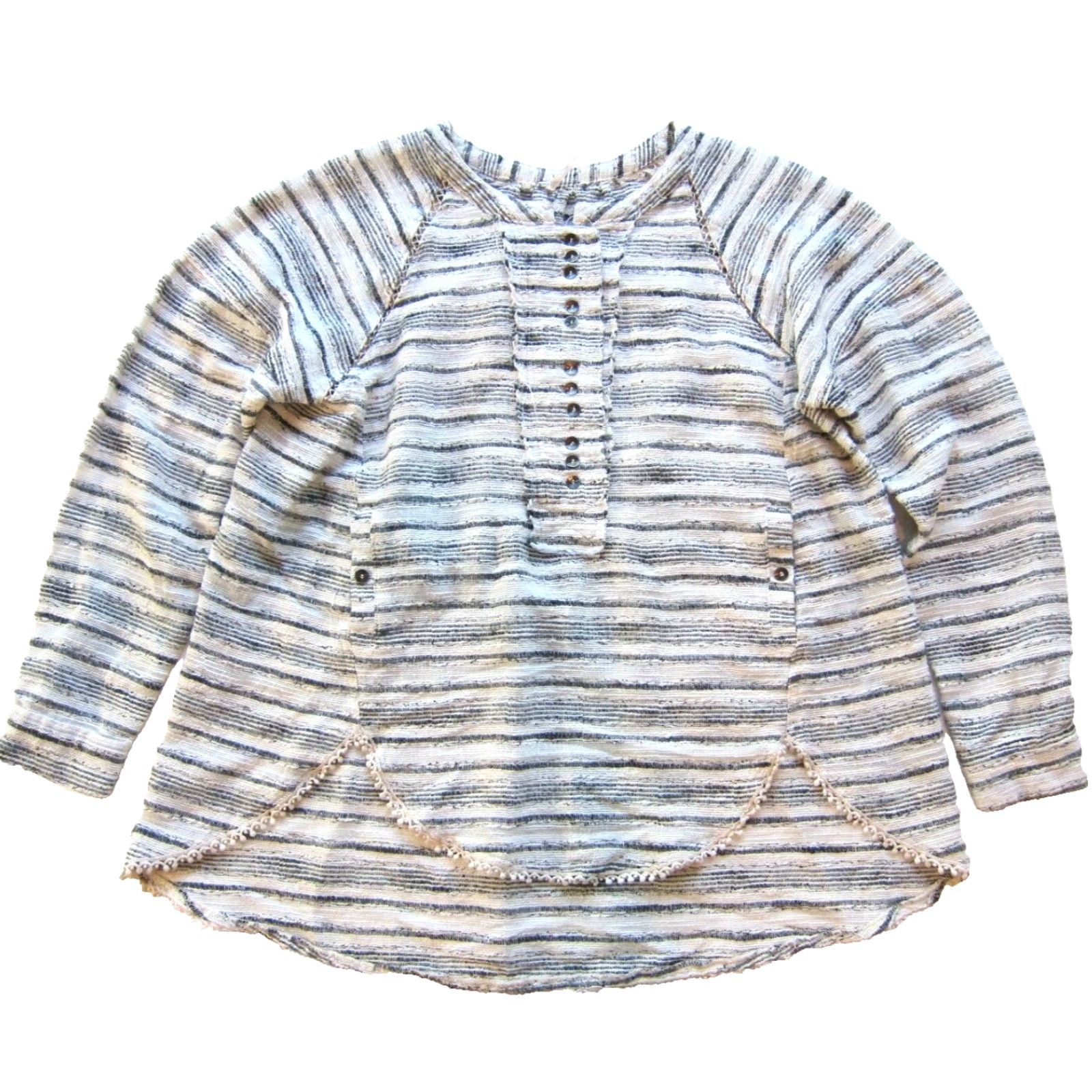 Free People VINTAGE Free People Grey White Stripe Cotton Weave Long Sleeve Pocket Oversized Blouse S Size S / US 4 / IT 40 - 2 Thumbnail