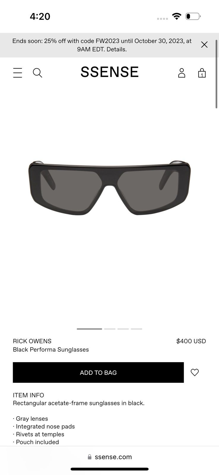 Pre-owned Rick Owens Black Performa Glasses