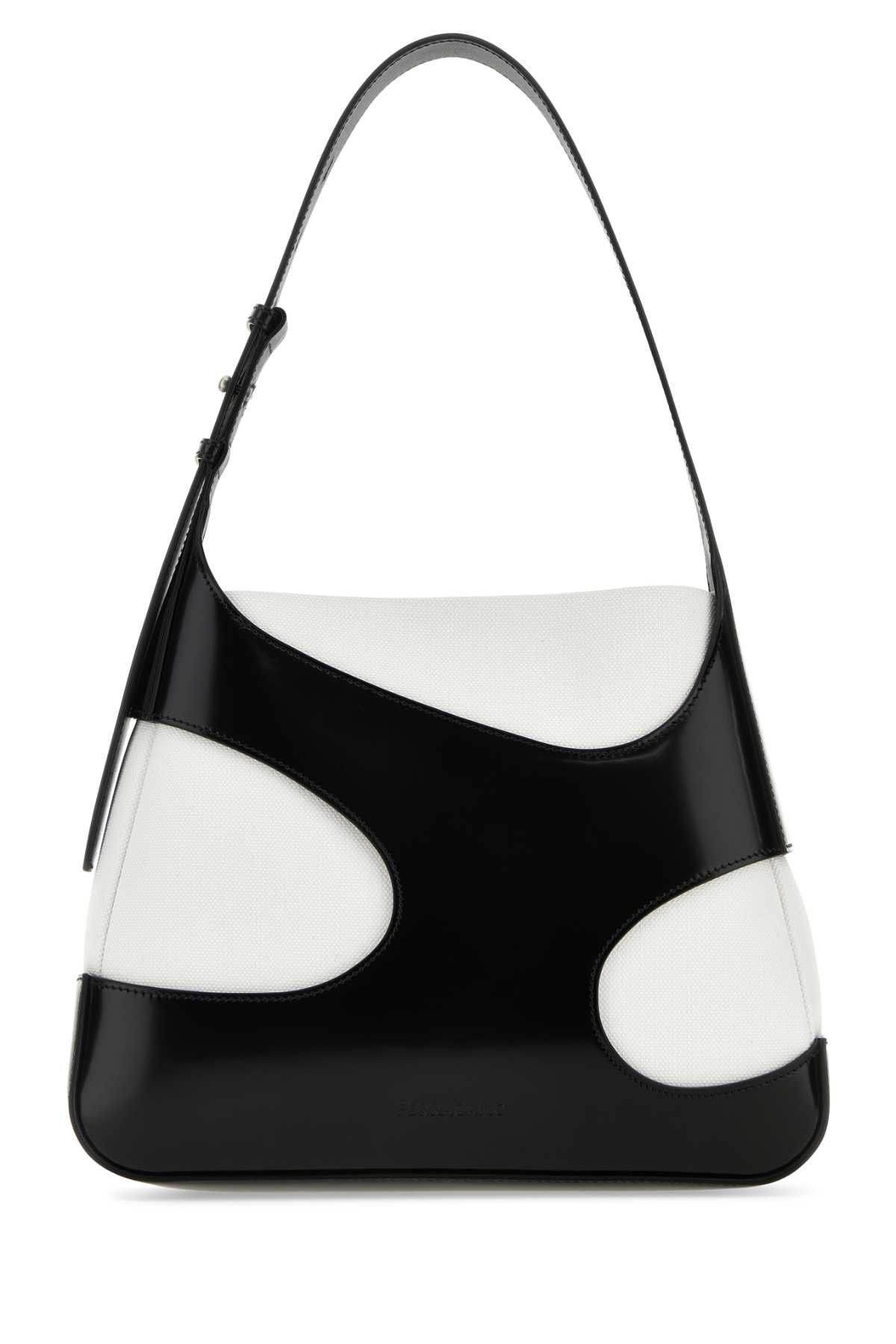 Two-Tone Leather And Canvas Cut Out L Shoulder Bag