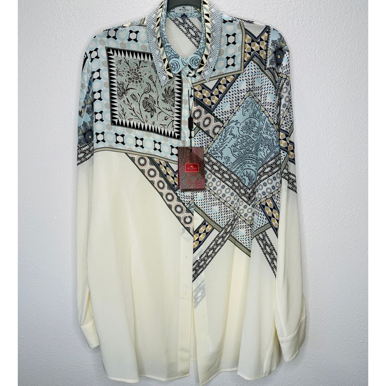 Etro ETRO Cream Blue Multi Geometric Print Collar Blouse 46 / L Size L / US 10 / IT 46 - 2 Thumbnail