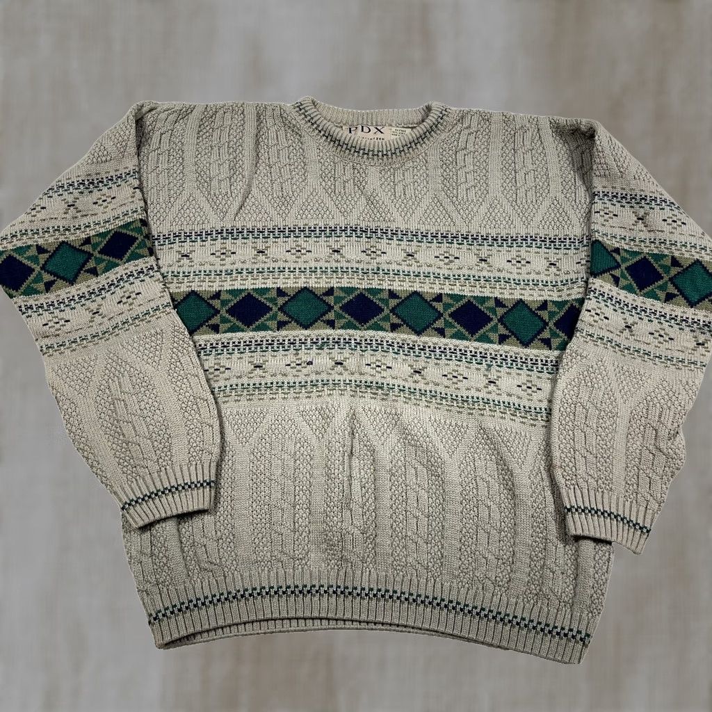 Jantzen VINTAGE Grandpa Sweater Men Large Tan Cable Knit Geometric Crewneck Textured 90s Size US L / EU 52-54 / 3 - 1 Thumbnail