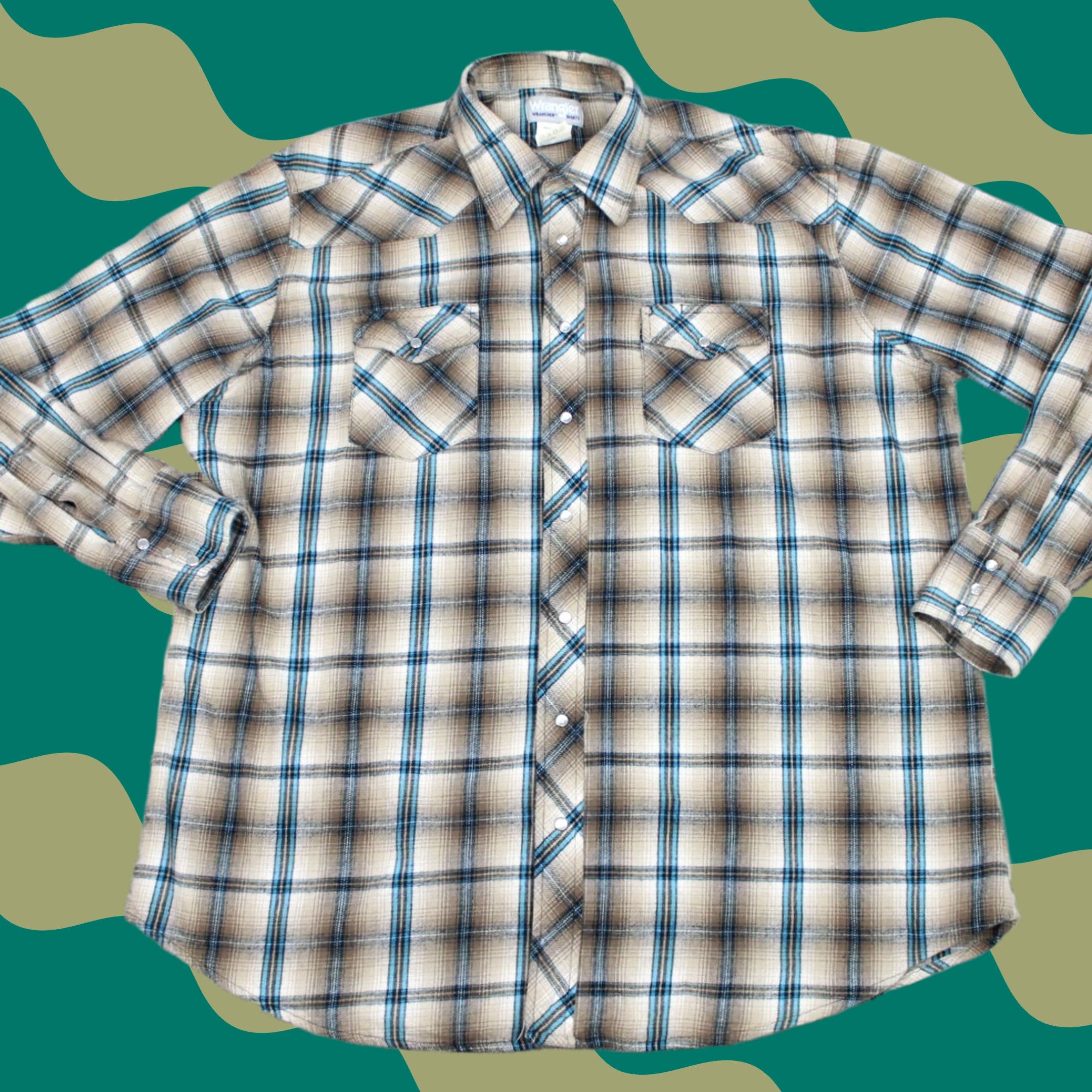 Wrangler Wrangler Wrancher Shirt Men 2XL Plaid Cotton L/S Button-Up Beige Blue Pearl Snap Western Shirt Mens 2XL Plaid Cotton Western Wrangler Wrancher Size US XXL / EU 58 / 5 - 1 Thumbnail