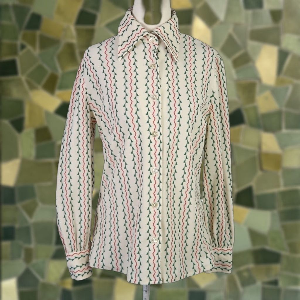 Vintage VINTAGE Dalton Shirt Women Button-Down 70s Bohemian Geometric Stripe M Cream Green Red Long Sleeve Size M / US 6-8 / IT 42-44 - 1 Thumbnail