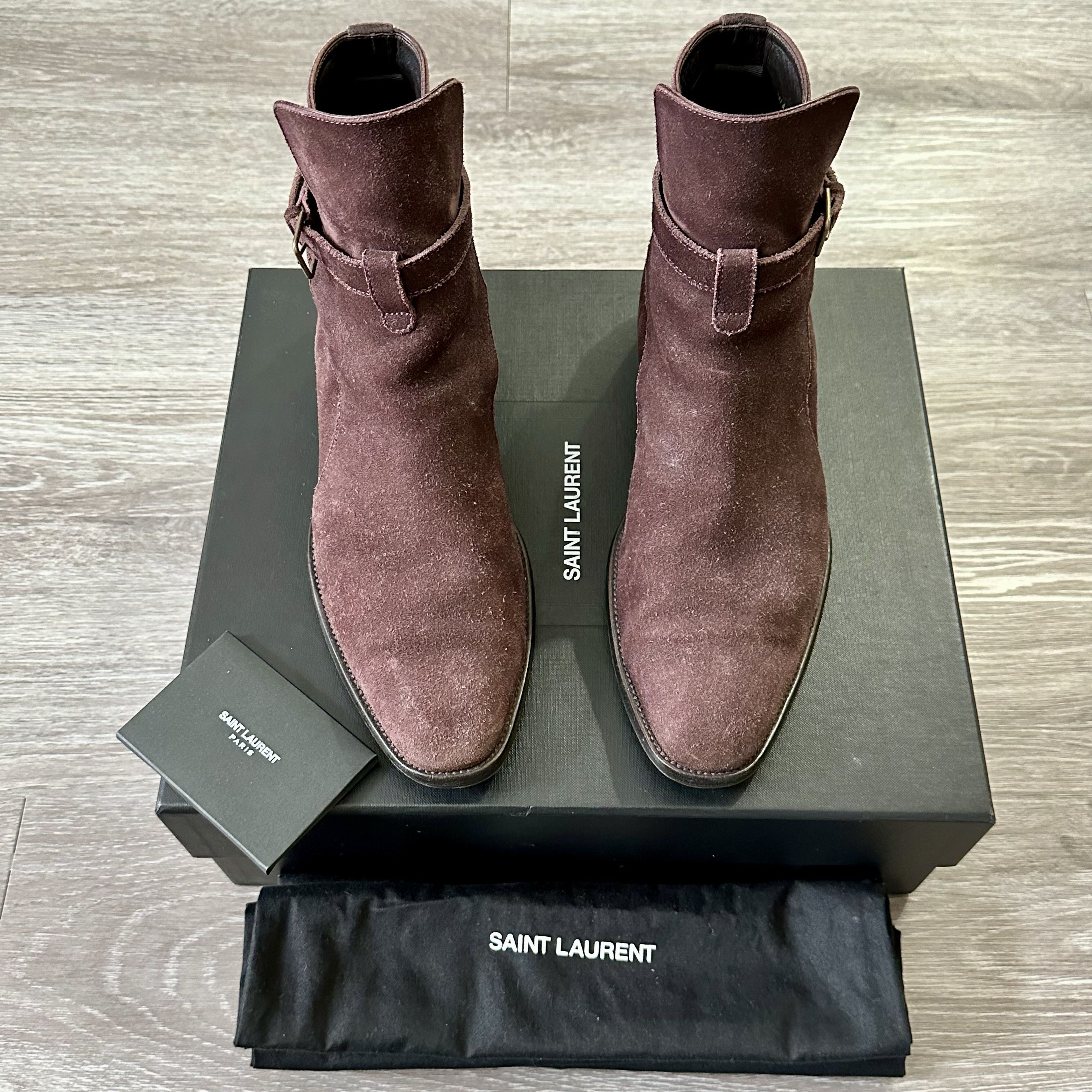 image of Saint Laurent Paris Saint Laurent Wyatt Jodhpur Hedi Deep Blood Suede Boots, Men's (Size 8)