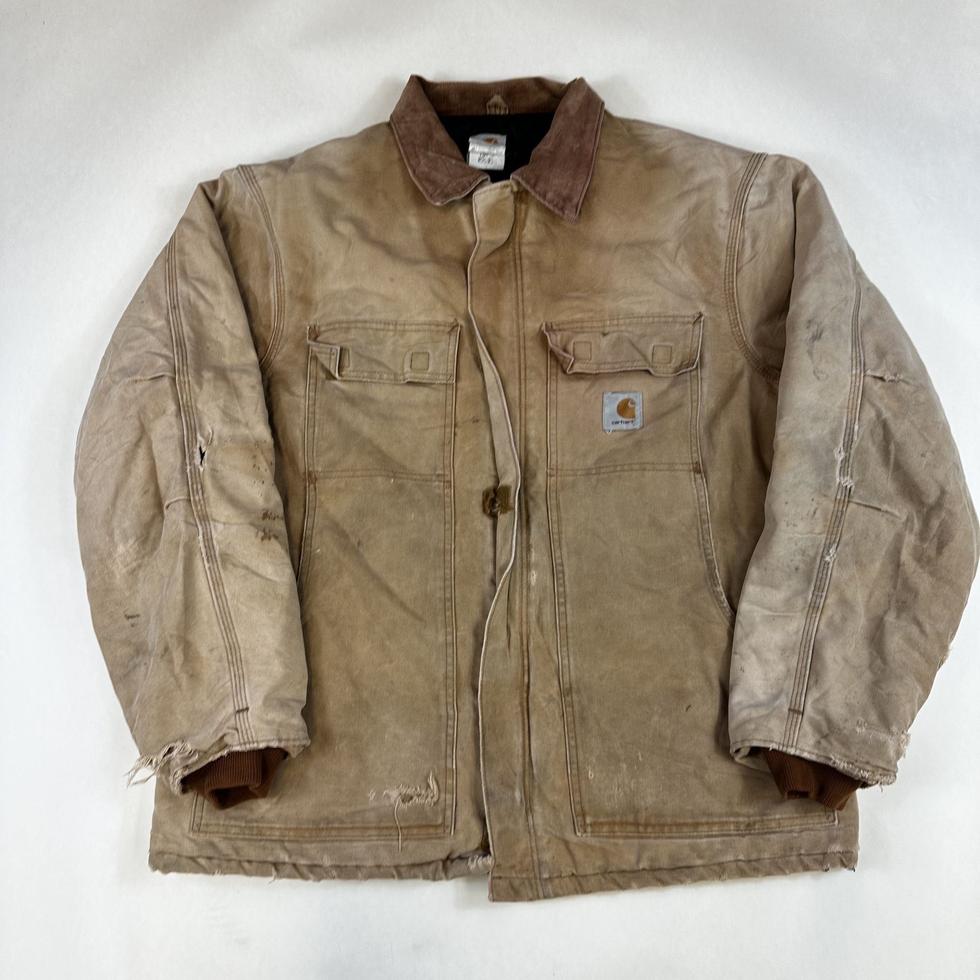 Carhartt Carhartt Mens Distressed Tan Canvas Jacket W/ Brown Collar Size US L / EU 52-54 / 3 - 1 Thumbnail