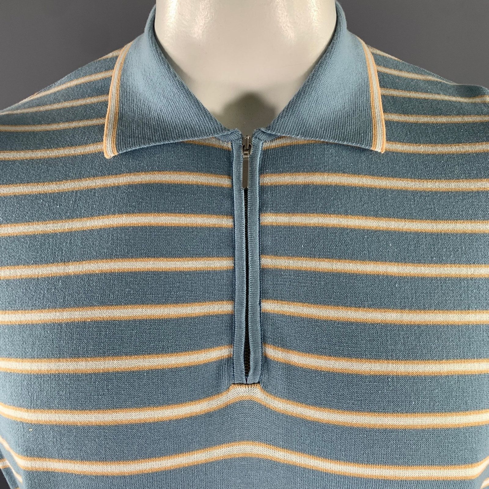 Ermenegildo Zegna ZEGNA L Blue Orange White Stripe Cotton Quarter Zip Polo Size US L / EU 52-54 / 3 - 2 Thumbnail