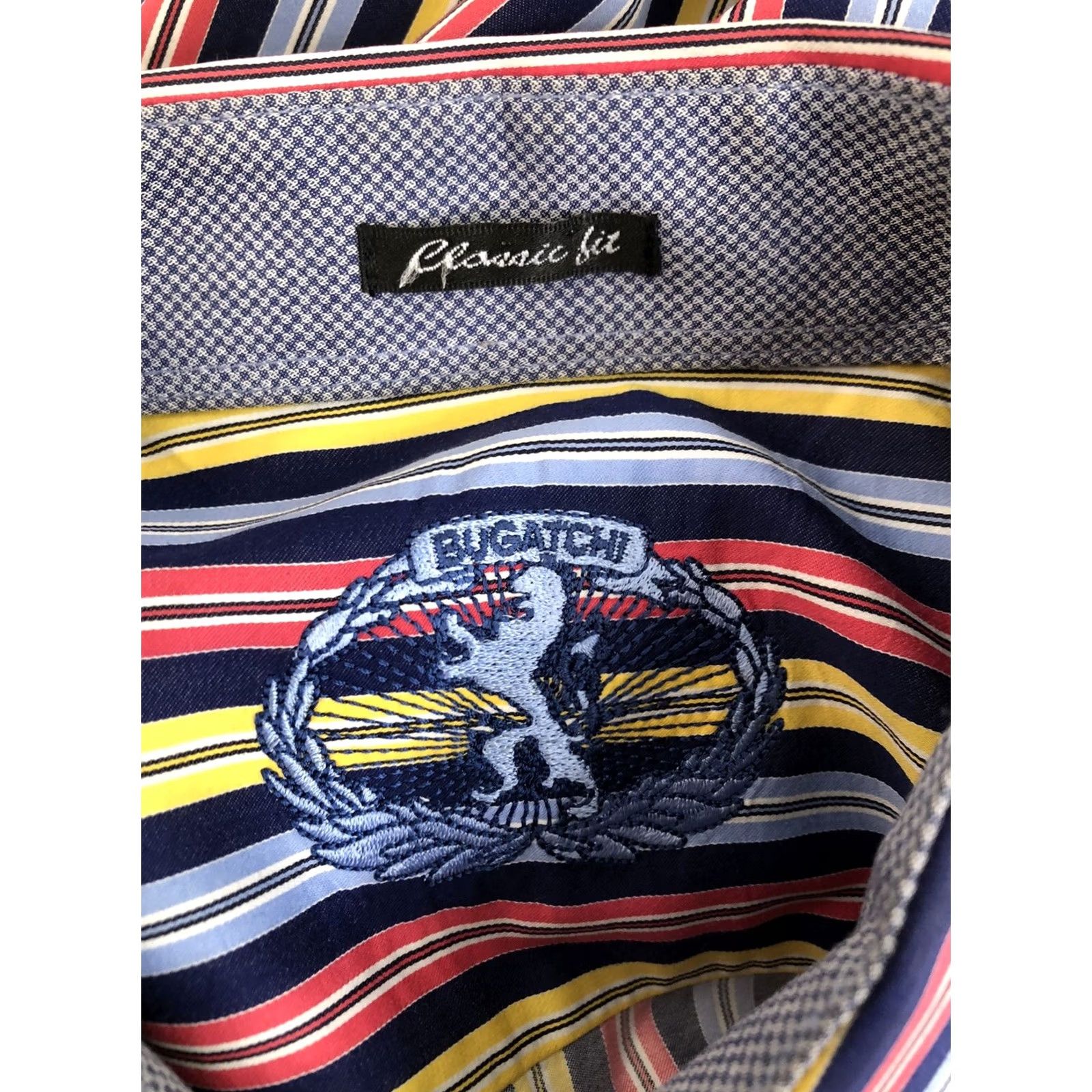 BUGATCHI BUGATCHI Shirt Mens L Embroidered Lion Classic Fit Striped Blue Red Yellow Colorful Button-Up Size US L / EU 52-54 / 3 - 7 Thumbnail