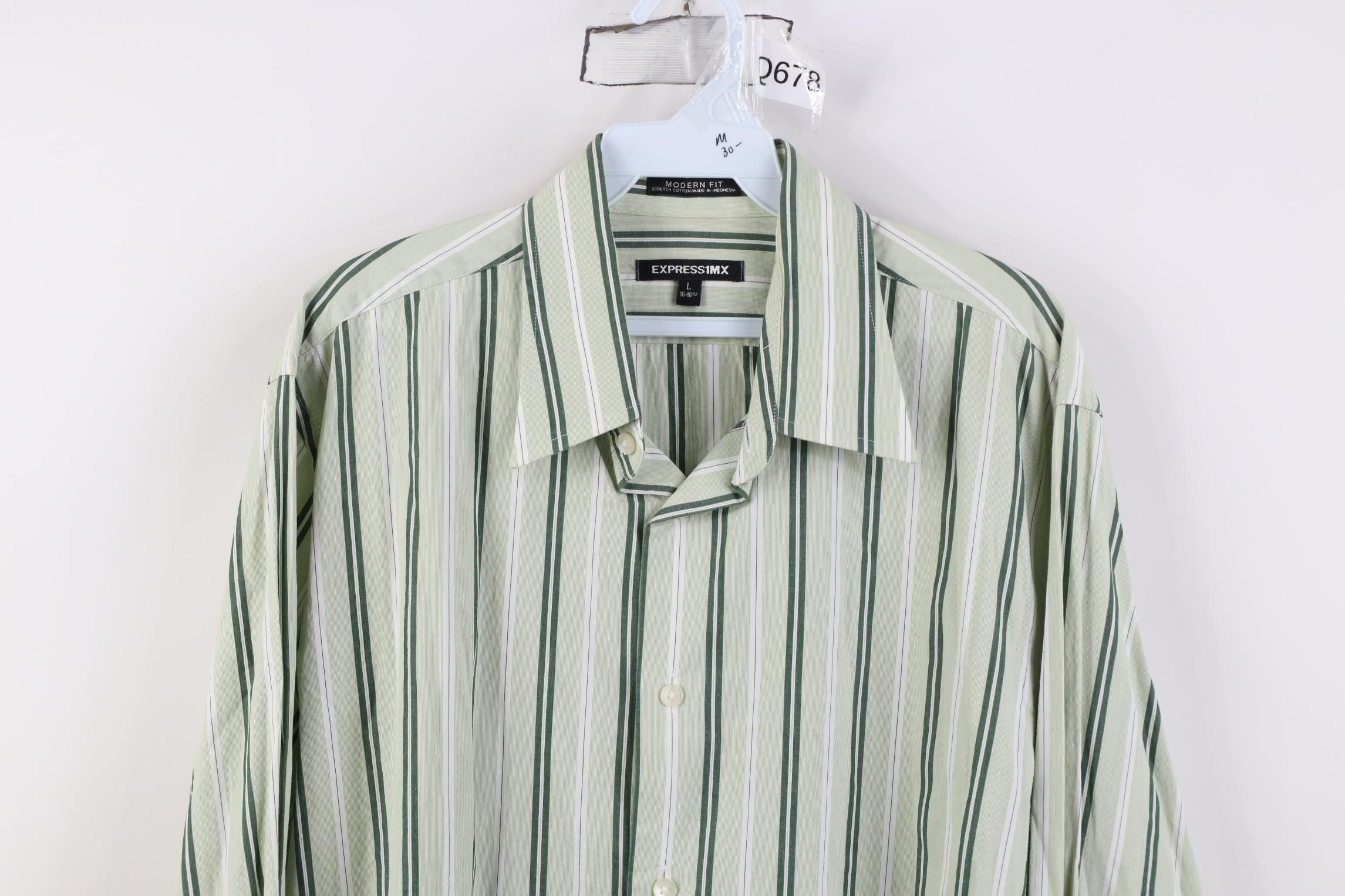 Express Express 1MX Modern Fit Striped Collared Button Shirt Green Size US L / EU 52-54 / 3 - 2 Thumbnail