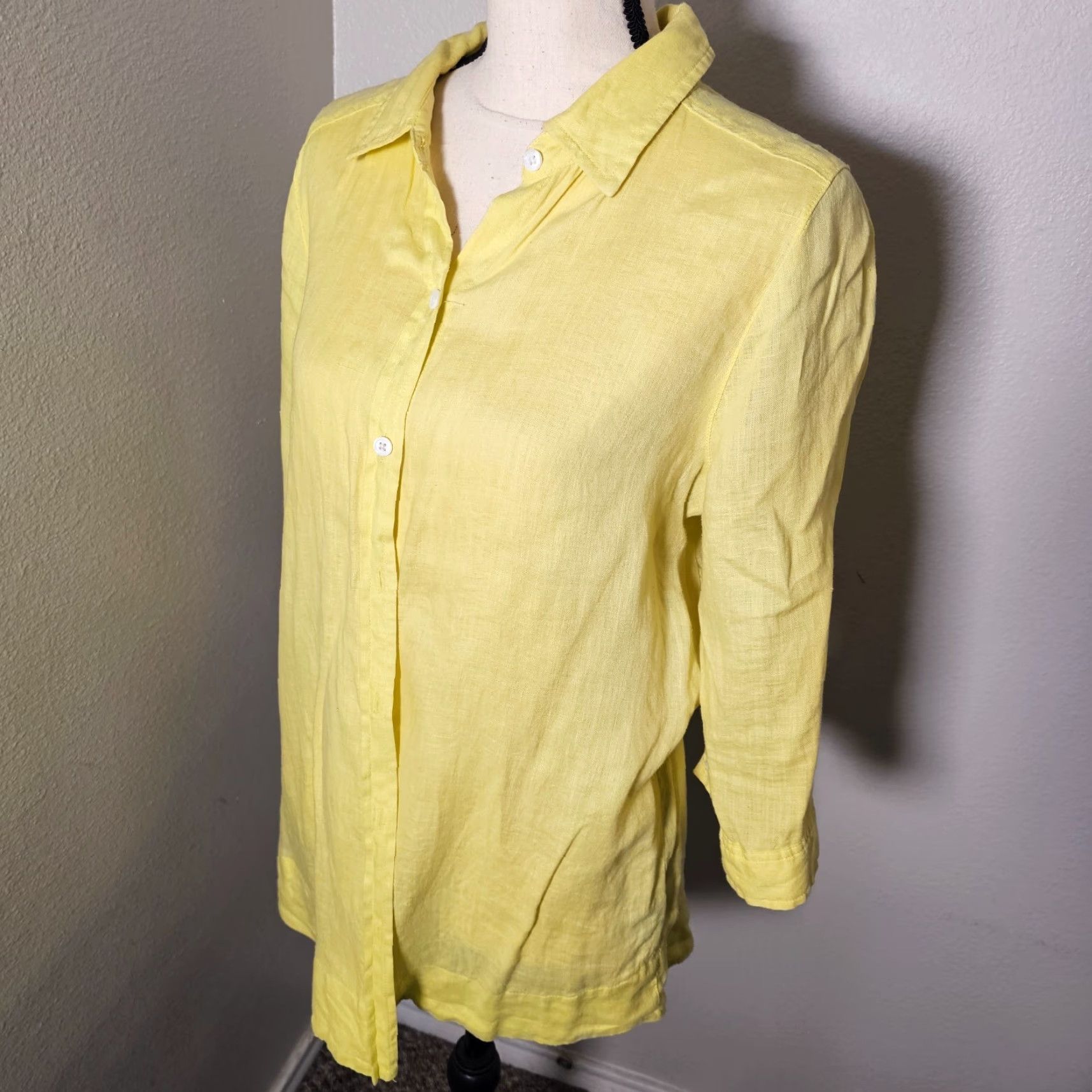 Vintage WOMENS Investments Linen Button-Up Shirt 3/4 Sleeve Yellow M Breathable Beach Size M / US 6-8 / IT 42-44 - 2 Thumbnail