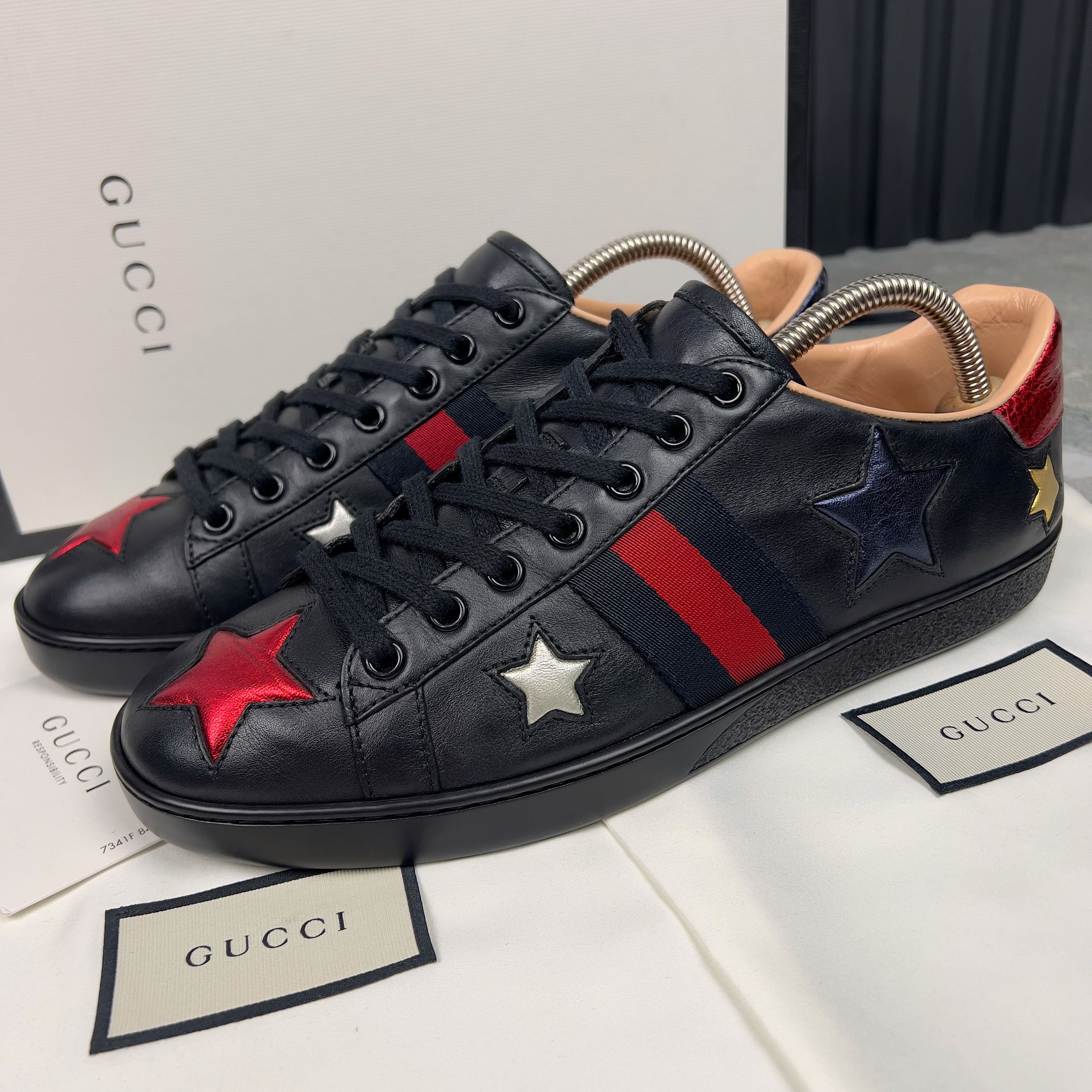 GUCCI Ace Web Metallic Stars Sneaker Leather