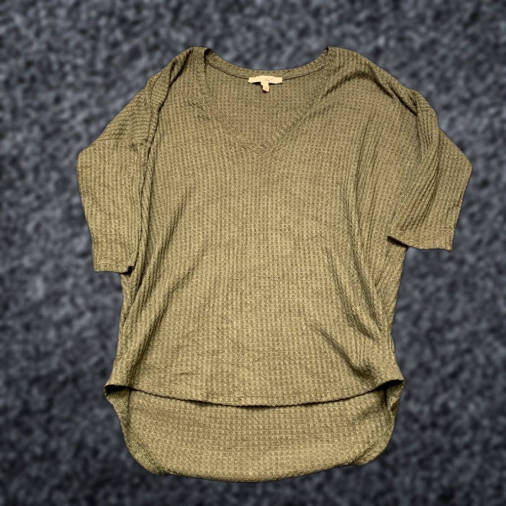 Express Express Top Womens S Olive Green Stretch Waffle Knit V Neck Round Hem Size S / US 4 / IT 40 - 1 Thumbnail