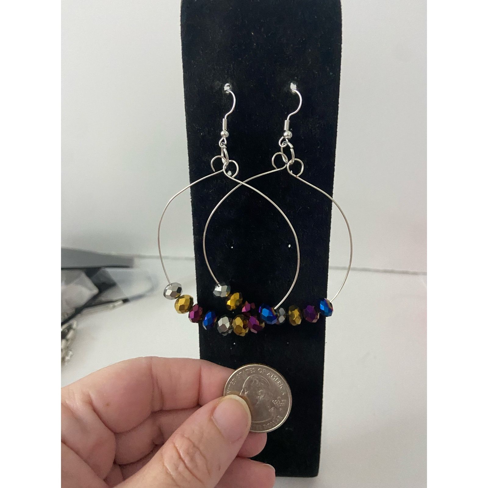 Handmade Metallic rainbow glass bead dangle earrings silver tone Size ONE SIZE - 2 Thumbnail